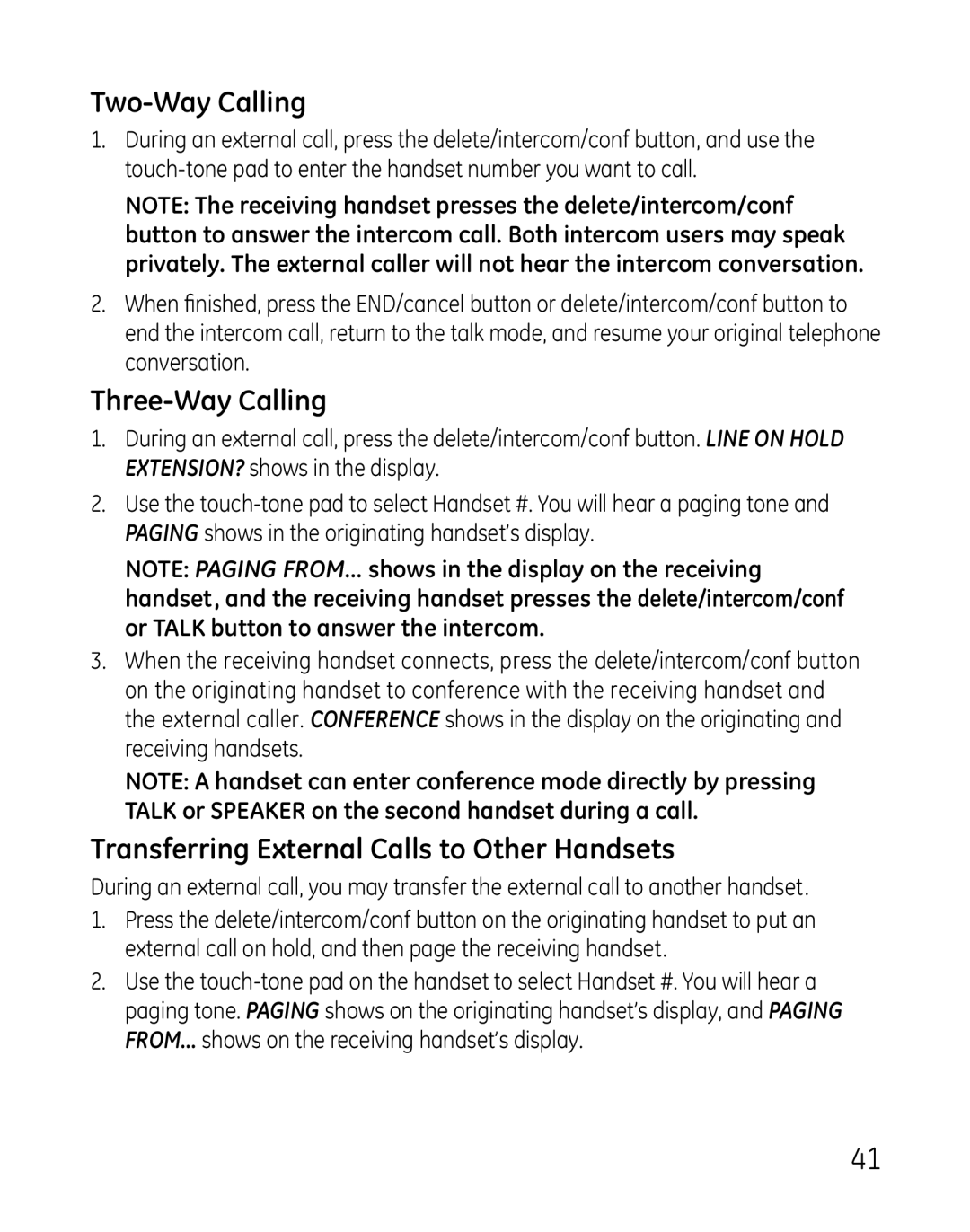 GE 28821 Series, 881, 28821xx4, 28821xx3 Two-Way Calling, Three-Way Calling, Transferring External Calls to Other Handsets 