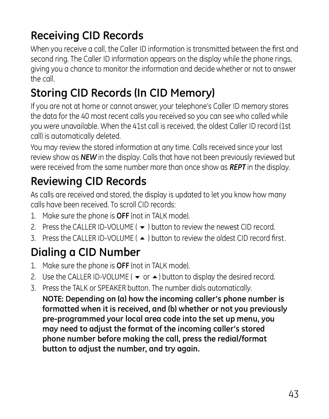 GE 28801, 881, 0007 Receiving CID Records, Storing CID Records In CID Memory, Reviewing CID Records, Dialing a CID Number 