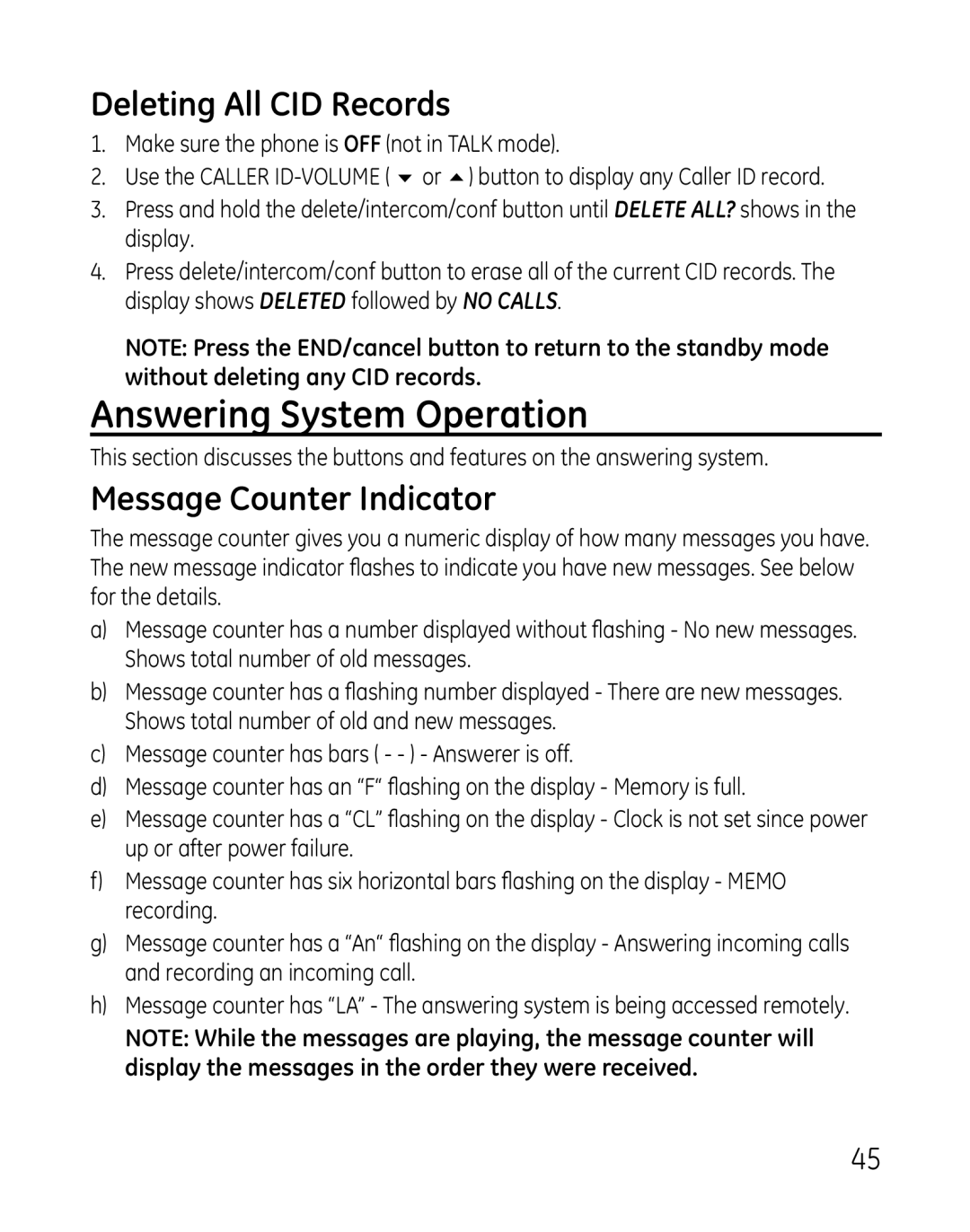 GE 881, 28821xx4, 28821xx3, 28821xx6, 28801 Answering System Operation, Deleting All CID Records, Message Counter Indicator 