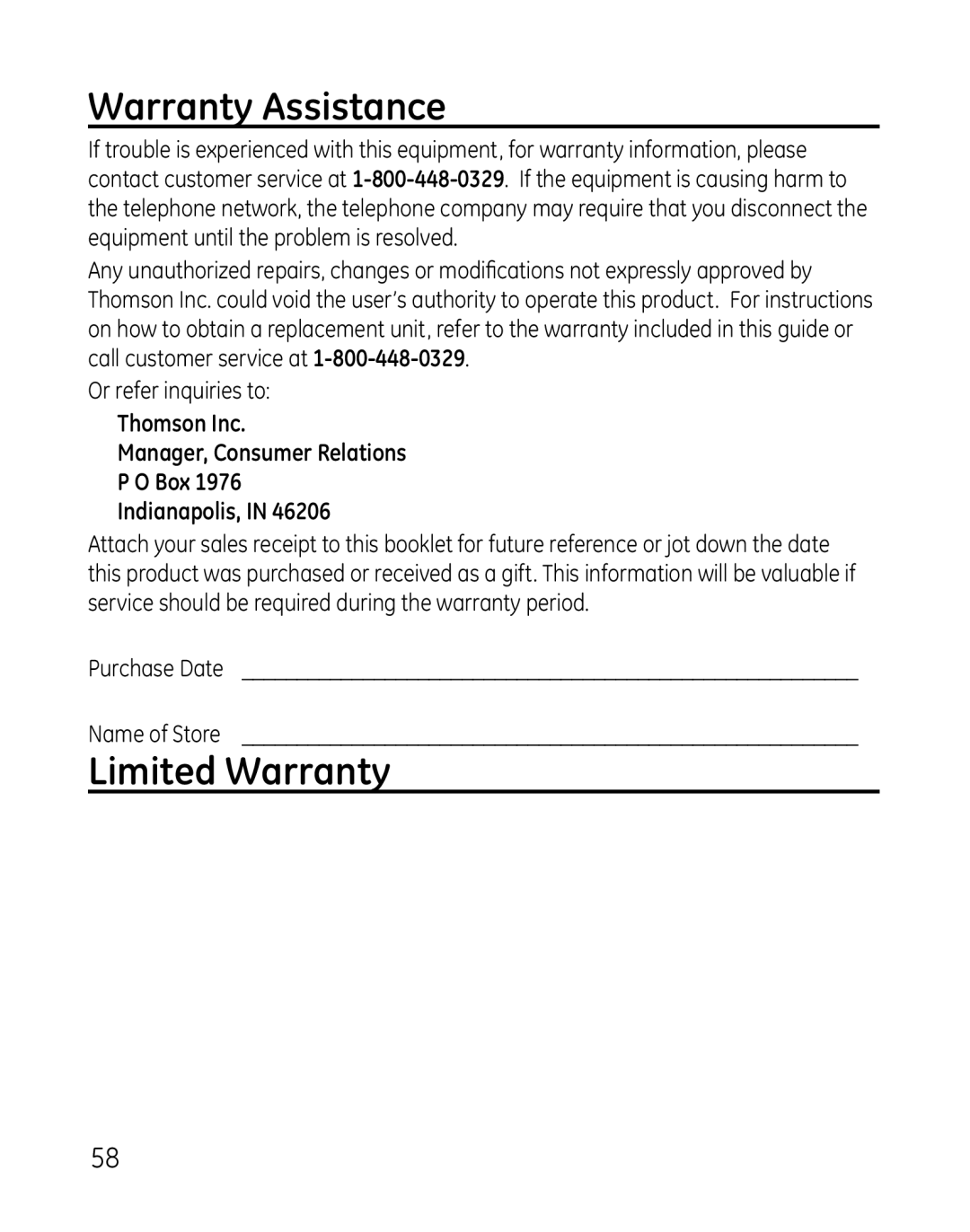 GE 28821xx5, 881, 28821xx4 Warranty Assistance, Limited Warranty, Thomson Inc Manager, Consumer Relations Box Indianapolis 