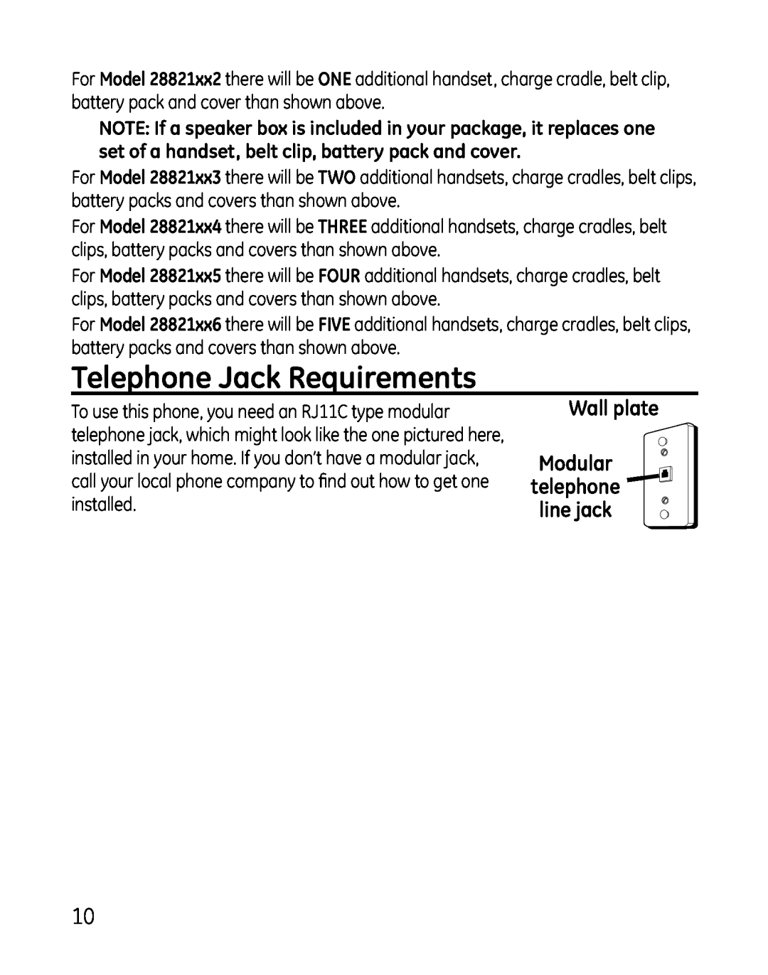 GE 28821xx4, 881, 28821xx3, 28821xx6, 28821xx5, 28821xx2 Telephone Jack Requirements, Wall plate Modular telephone line jack 