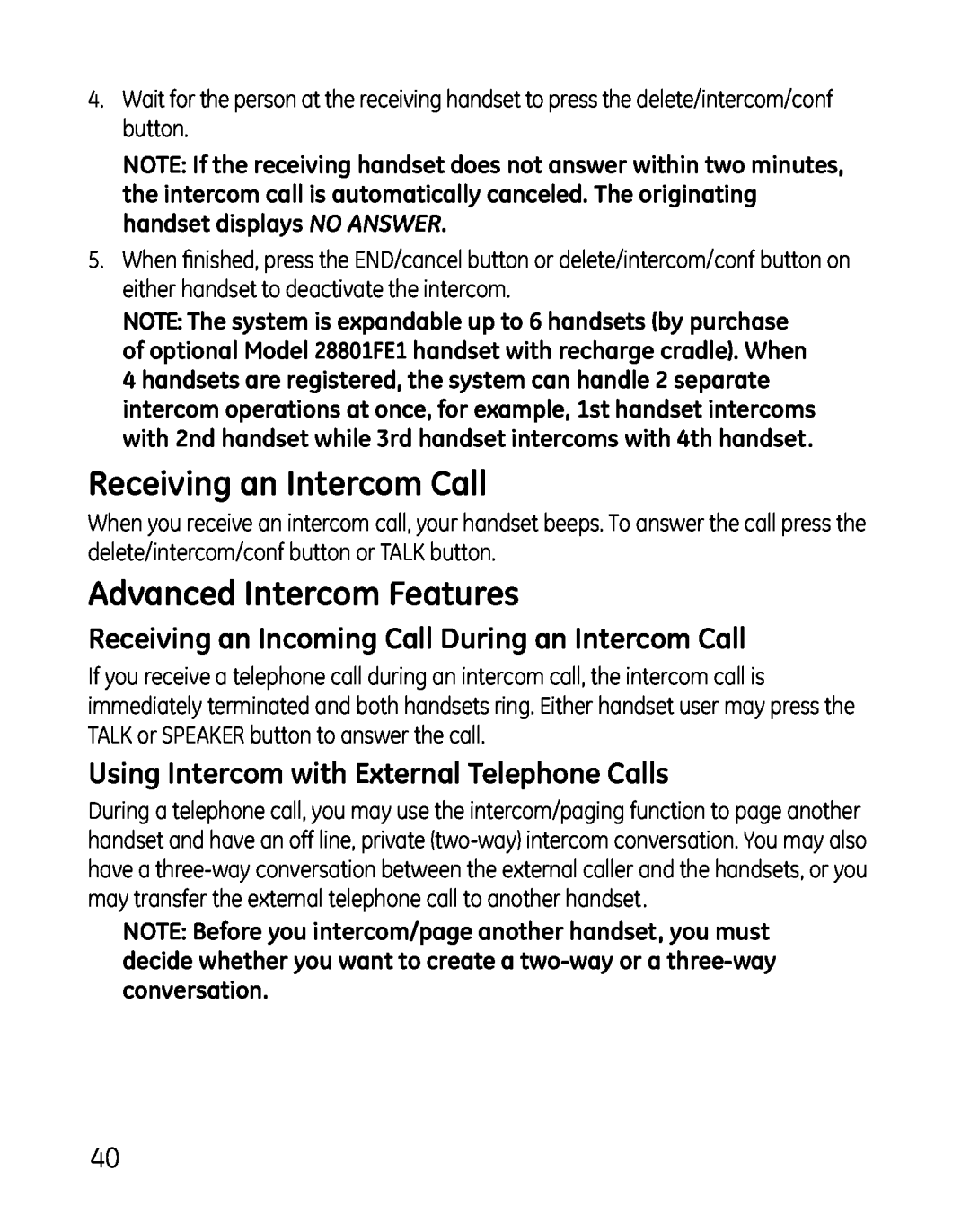 GE 28821xx5 Receiving an Intercom Call, Advanced Intercom Features, Receiving an Incoming Call During an Intercom Call 