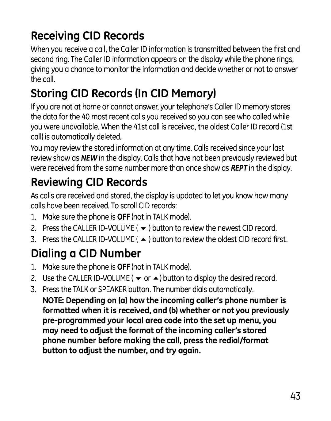 GE 28801, 881, 0007 Receiving CID Records, Storing CID Records In CID Memory, Reviewing CID Records, Dialing a CID Number 