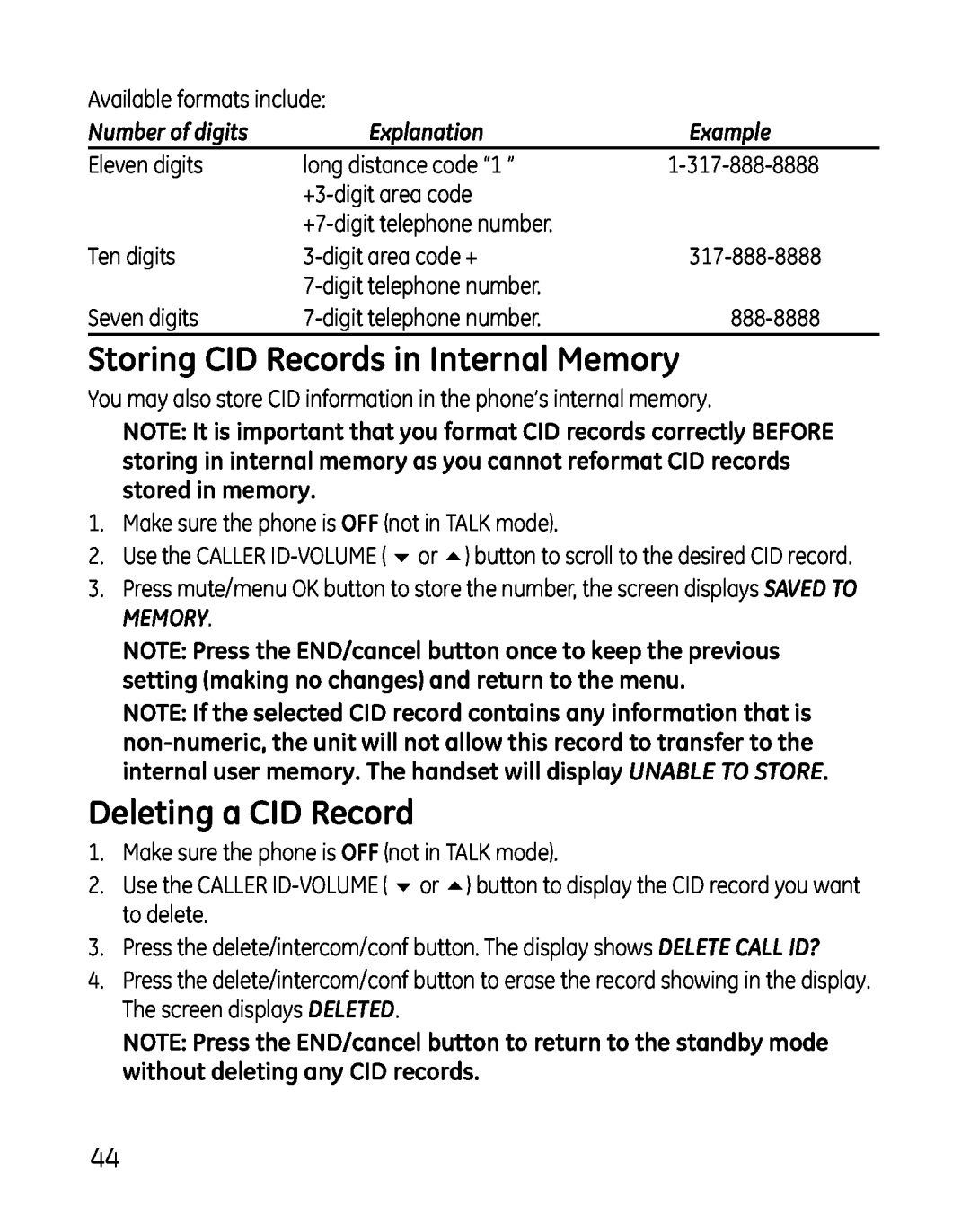 GE 0007, 881, 28801 Storing CID Records in Internal Memory, Deleting a CID Record, Number of digits, Explanation, Example 
