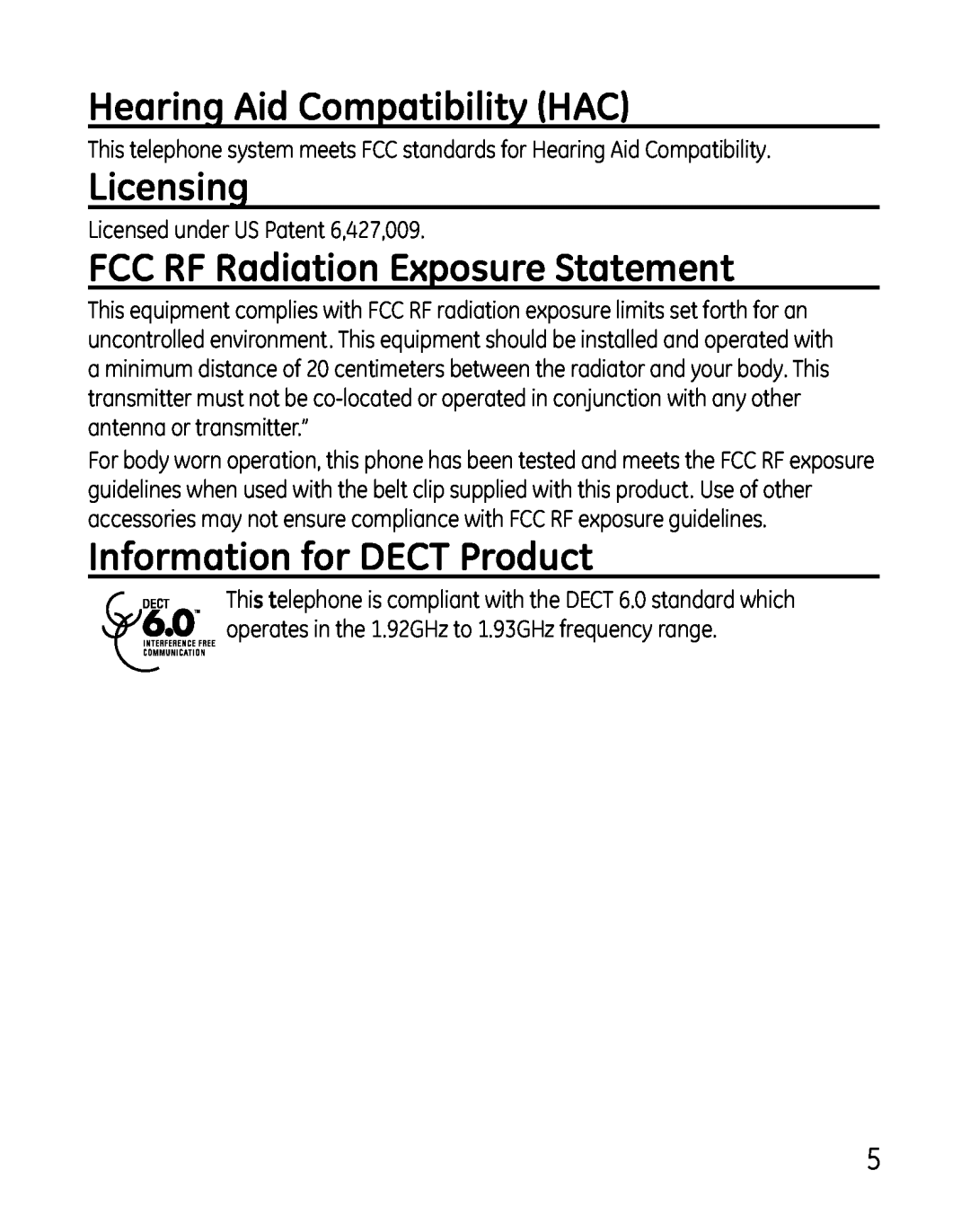 GE 28821 Series, 881, 28821xx4, 28821xx3, 28801 Hearing Aid Compatibility HAC, Licensing, FCC RF Radiation Exposure Statement 