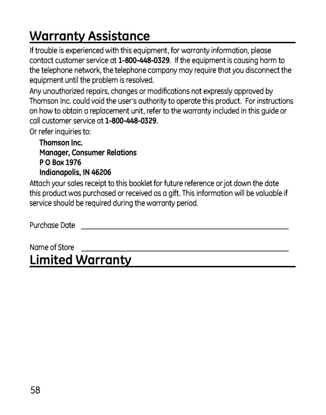 GE 28821xx5, 881 Warranty Assistance, Limited Warranty, Thomson Inc Manager, Consumer Relations P O Box Indianapolis, IN 
