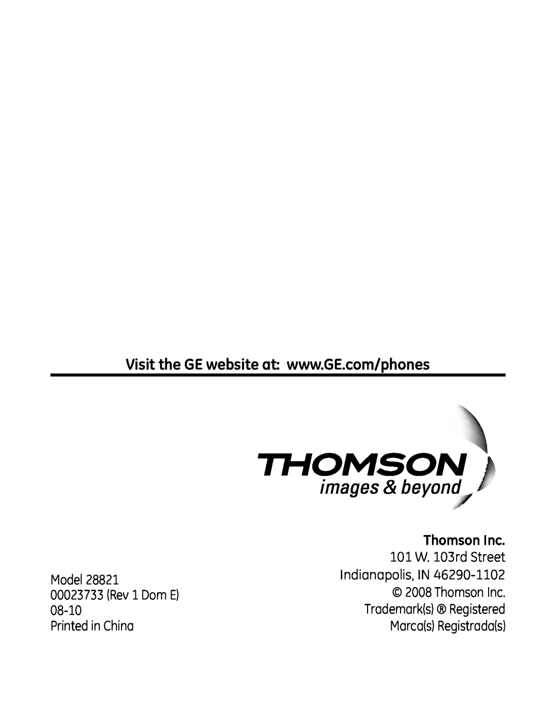 GE 28821 Series Thomson Inc, 101 W. 103rd Street, Model, Rev 1 Dom E, 08-10, Trademarks Registered, Marcas Registradas 