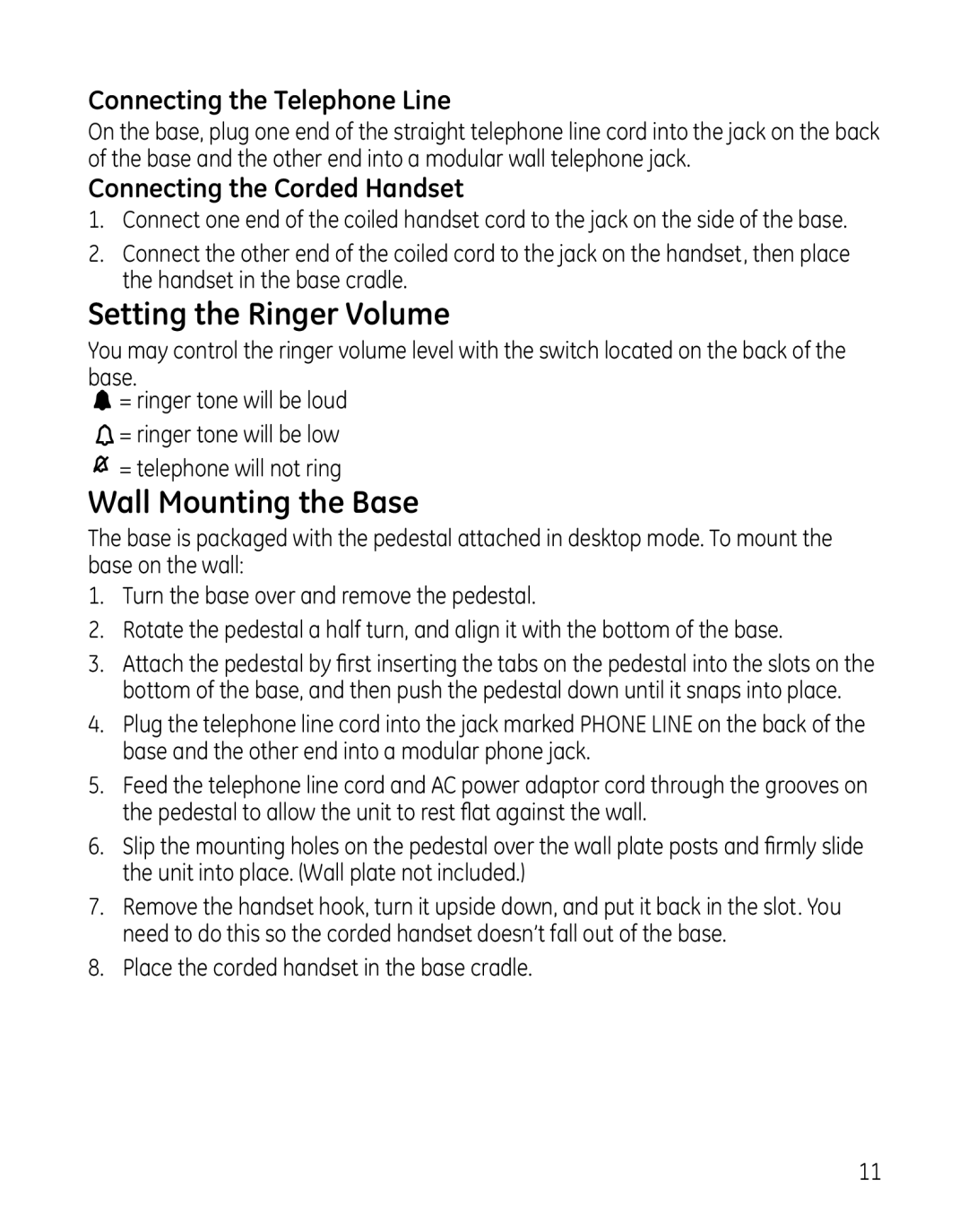 GE 000479 Setting the Ringer Volume, Wall Mounting the Base, Connecting the Telephone Line, Connecting the Corded Handset 