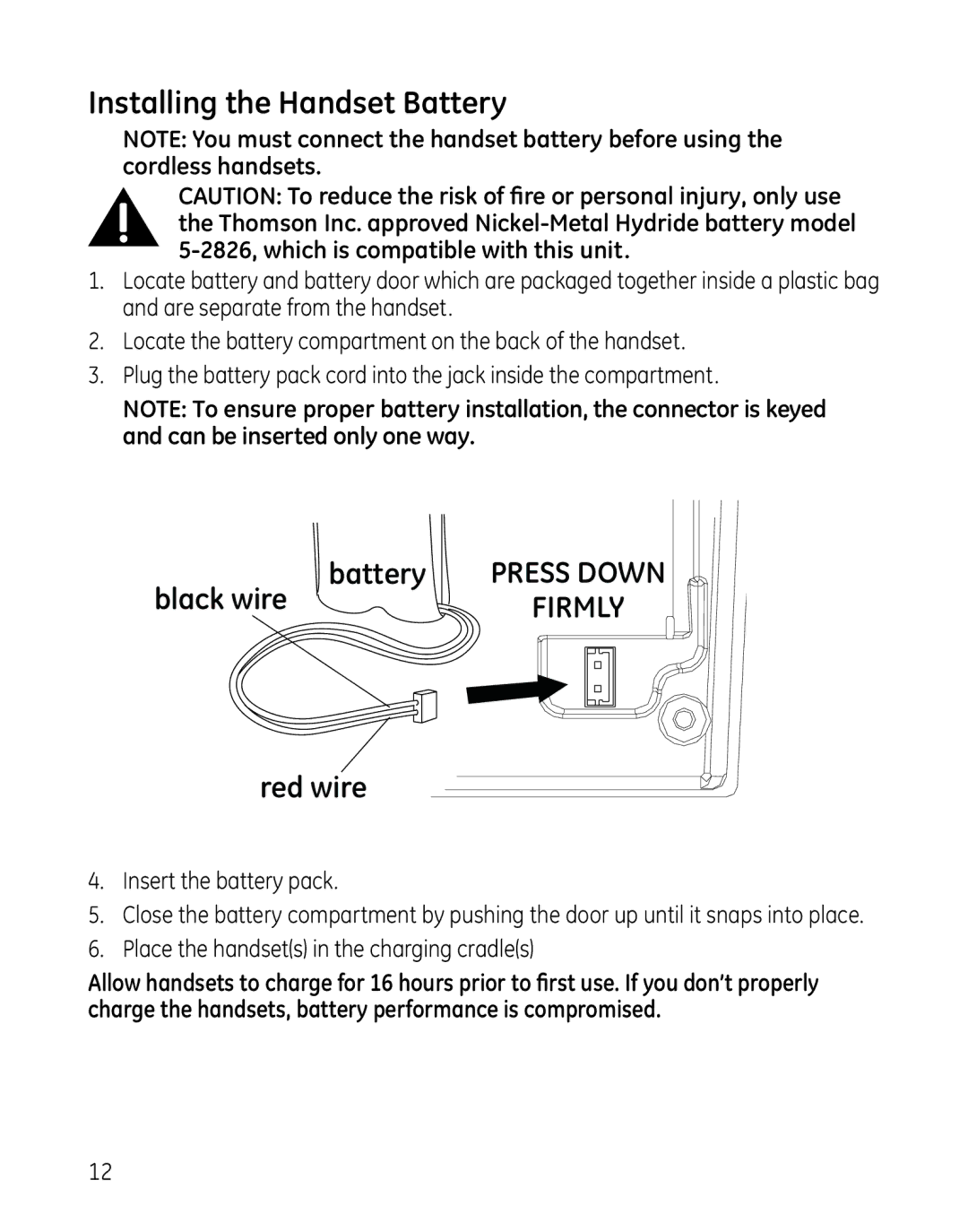 GE 28861xx3, 000479, 28861xx2 manual Installing the Handset Battery, Red wire 