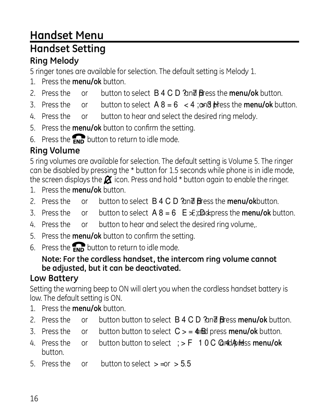 GE 000479, 28861xx3, 28861xx2 manual Handset Menu, Handset Setting, Ring Melody, Ring Volume, Low Battery 