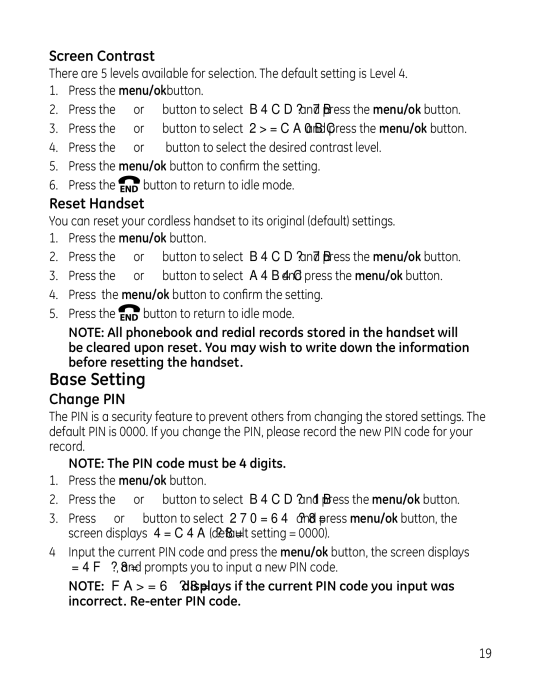 GE 000479, 28861xx3, 28861xx2 manual Base Setting, Screen Contrast, Reset Handset, Change PIN 