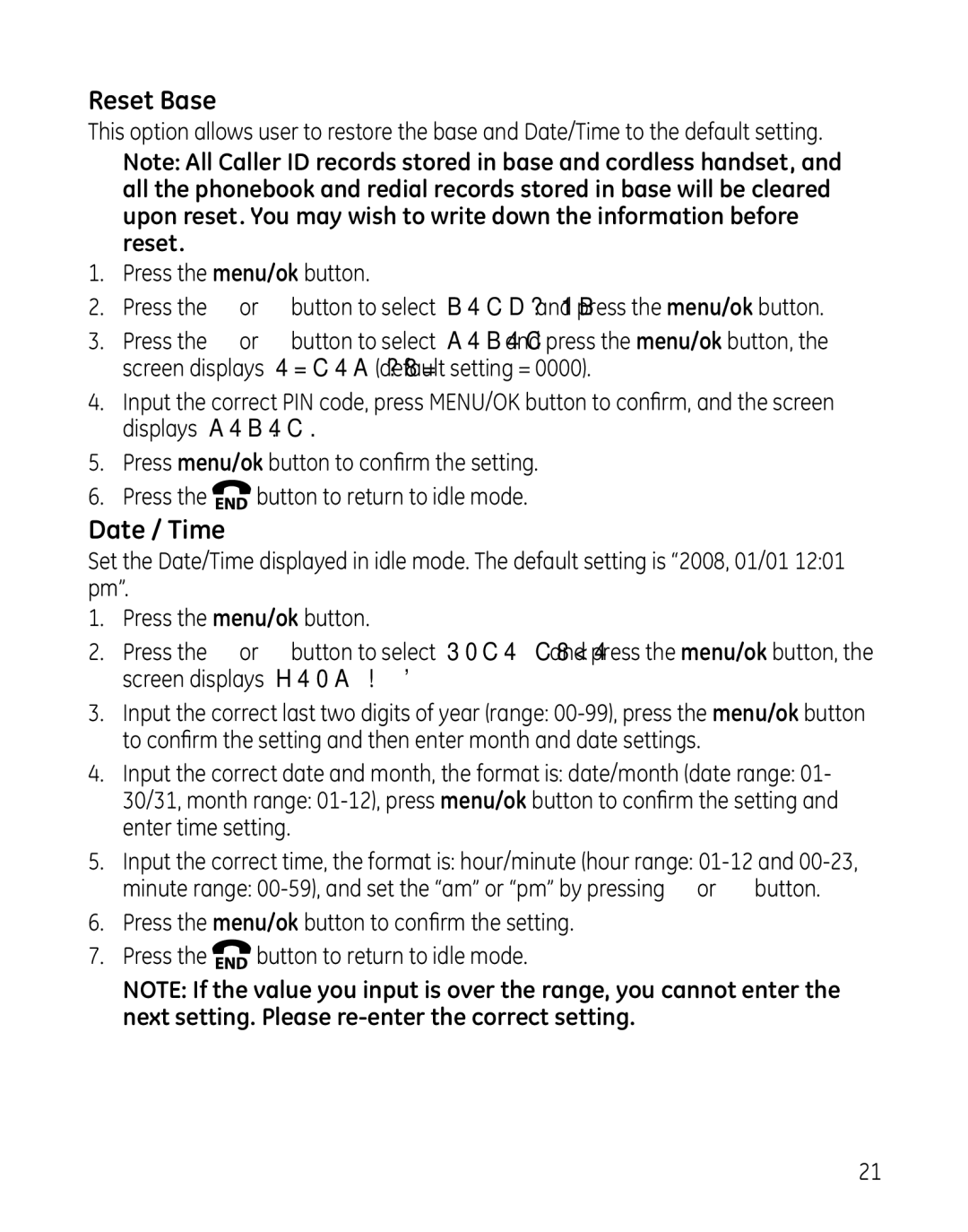 GE 000479, 28861xx3, 28861xx2 manual Reset Base, Date / Time 