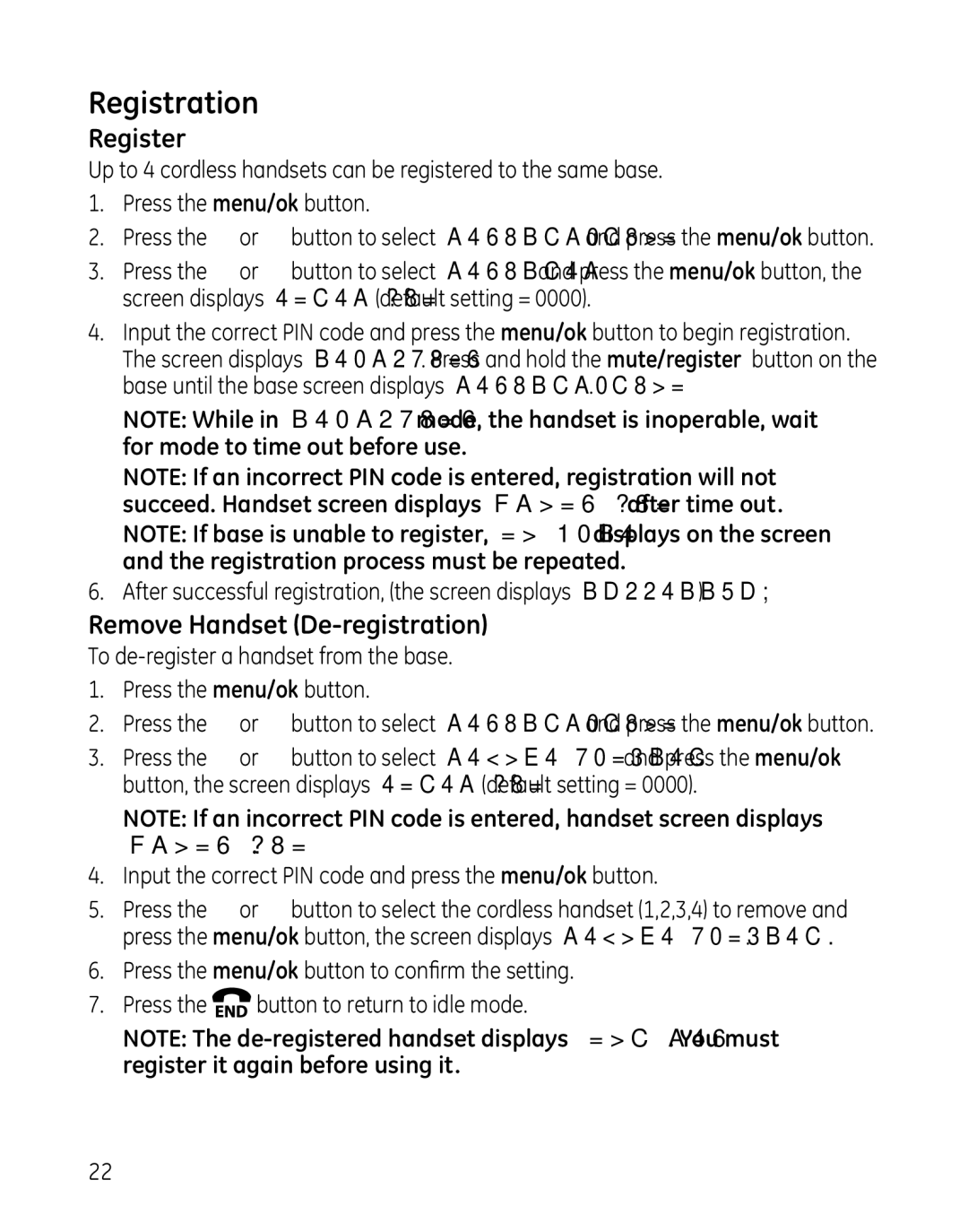 GE 28861xx3, 000479, 28861xx2 manual Registration, Register, Remove Handset De-registration 