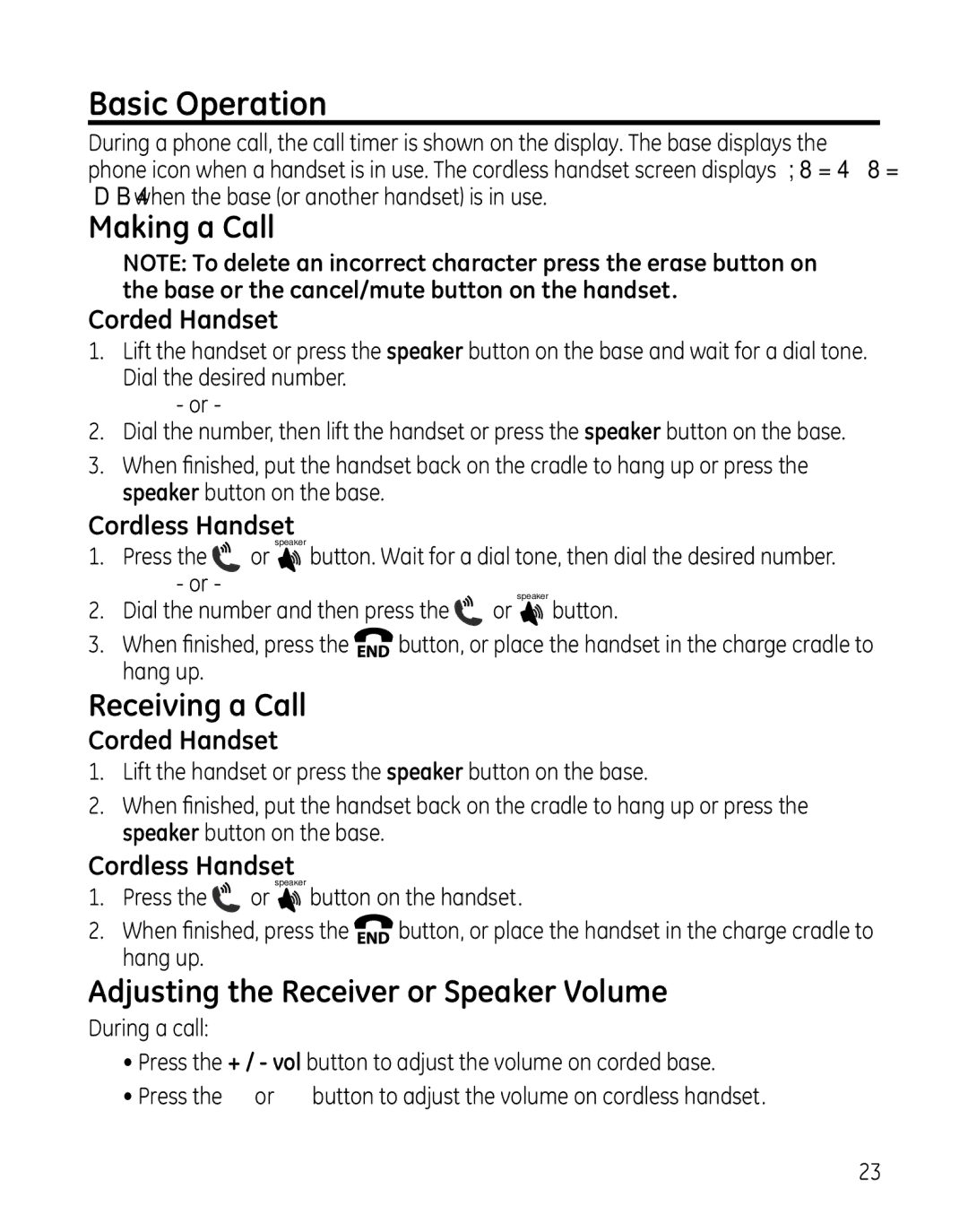 GE 28861xx2, 000479, 28861xx3 Basic Operation, Making a Call, Receiving a Call, Adjusting the Receiver or Speaker Volume 