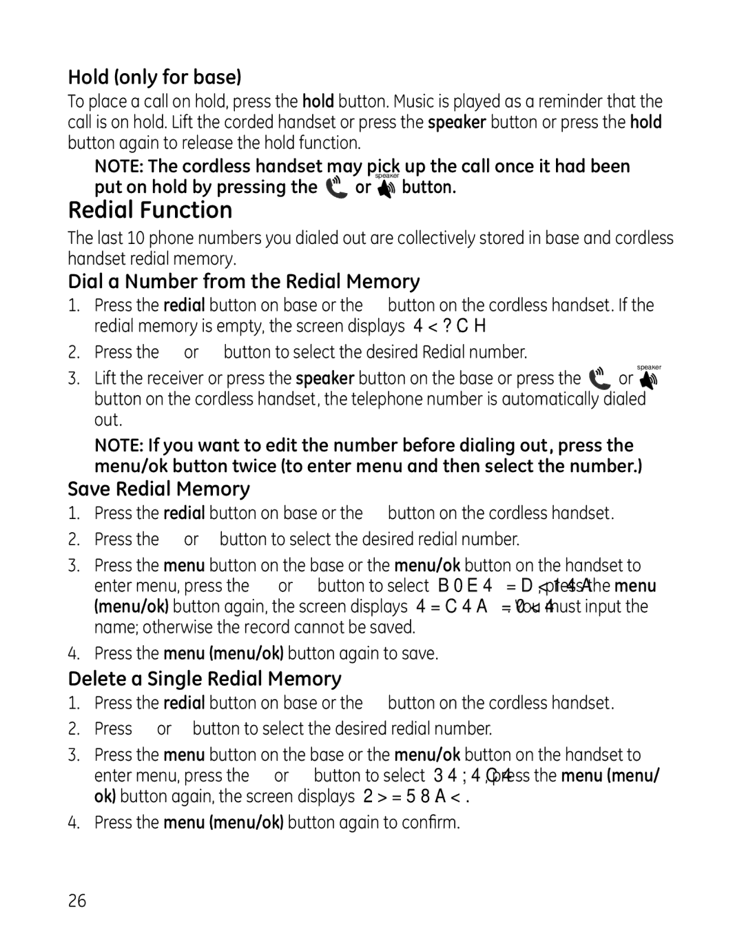 GE 000479, 28861xx3 manual Redial Function, Hold only for base, Dial a Number from the Redial Memory, Save Redial Memory 