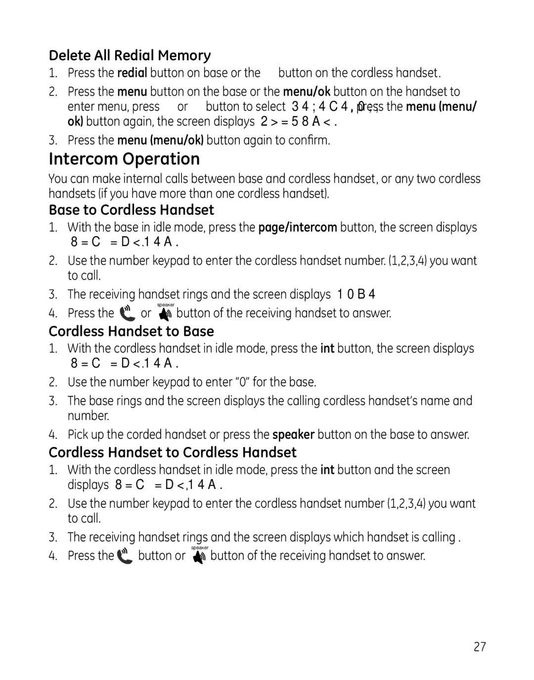 GE 28861xx3, 000479 manual Intercom Operation, Delete All Redial Memory, Base to Cordless Handset, Cordless Handset to Base 