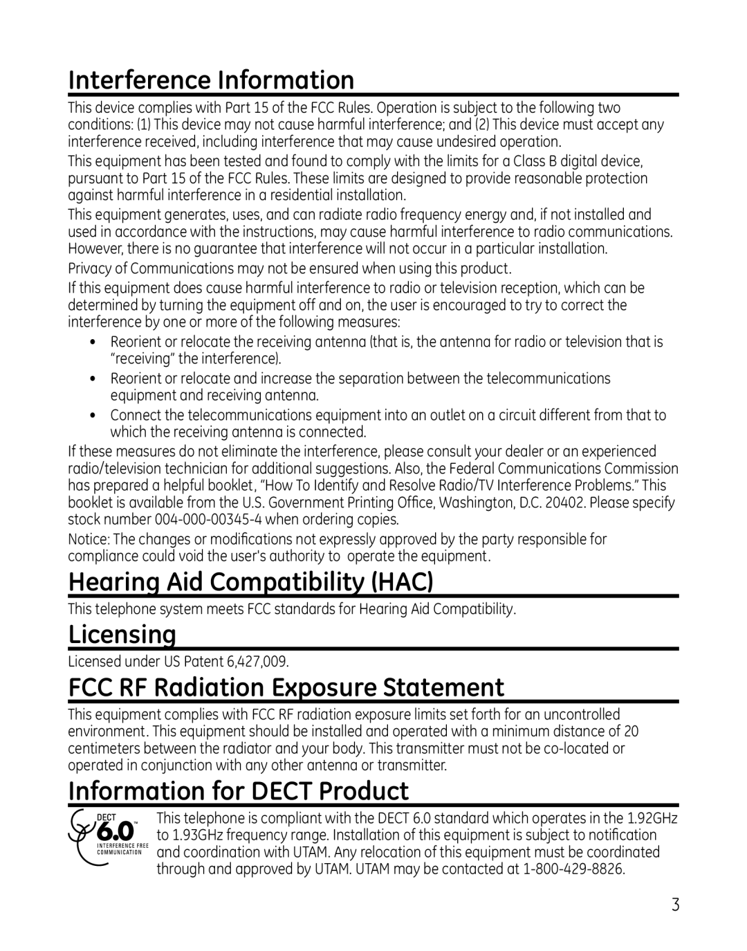 GE 28861xx2 manual Interference Information, Hearing Aid Compatibility HAC, Licensing, FCC RF Radiation Exposure Statement 