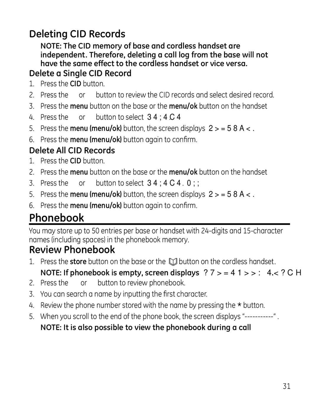 GE 000479, 28861xx3 manual Deleting CID Records, Review Phonebook, Delete a Single CID Record, Delete All CID Records 