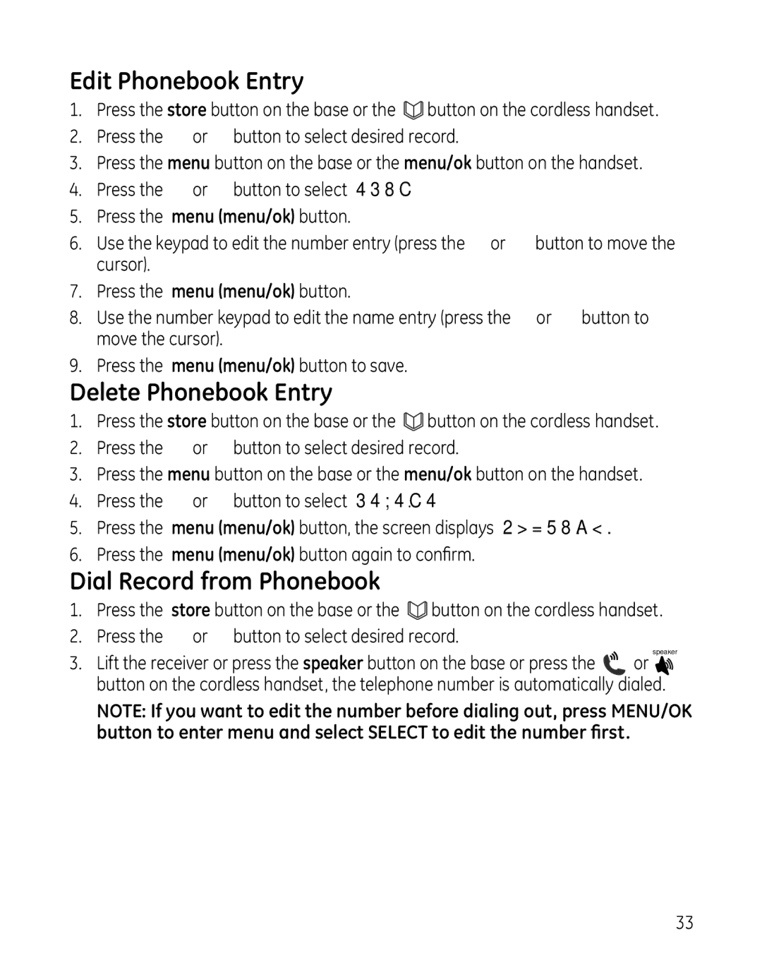 GE 28861xx2, 000479, 28861xx3 manual Edit Phonebook Entry, Delete Phonebook Entry, Dial Record from Phonebook 