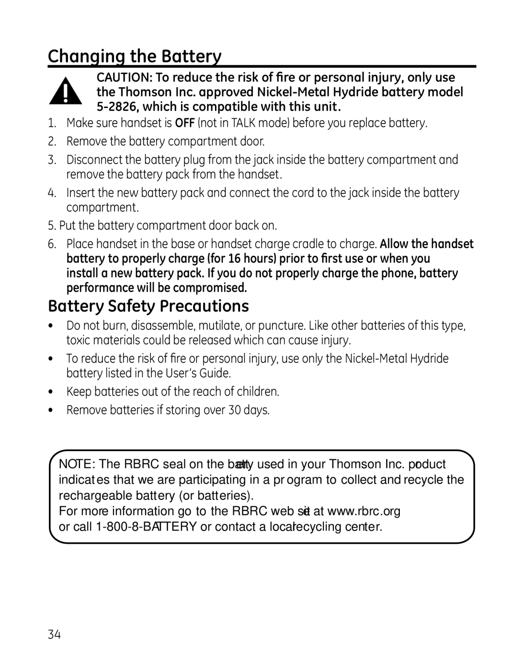 GE 000479, 28861xx3, 28861xx2 manual Changing the Battery, Battery Safety Precautions 