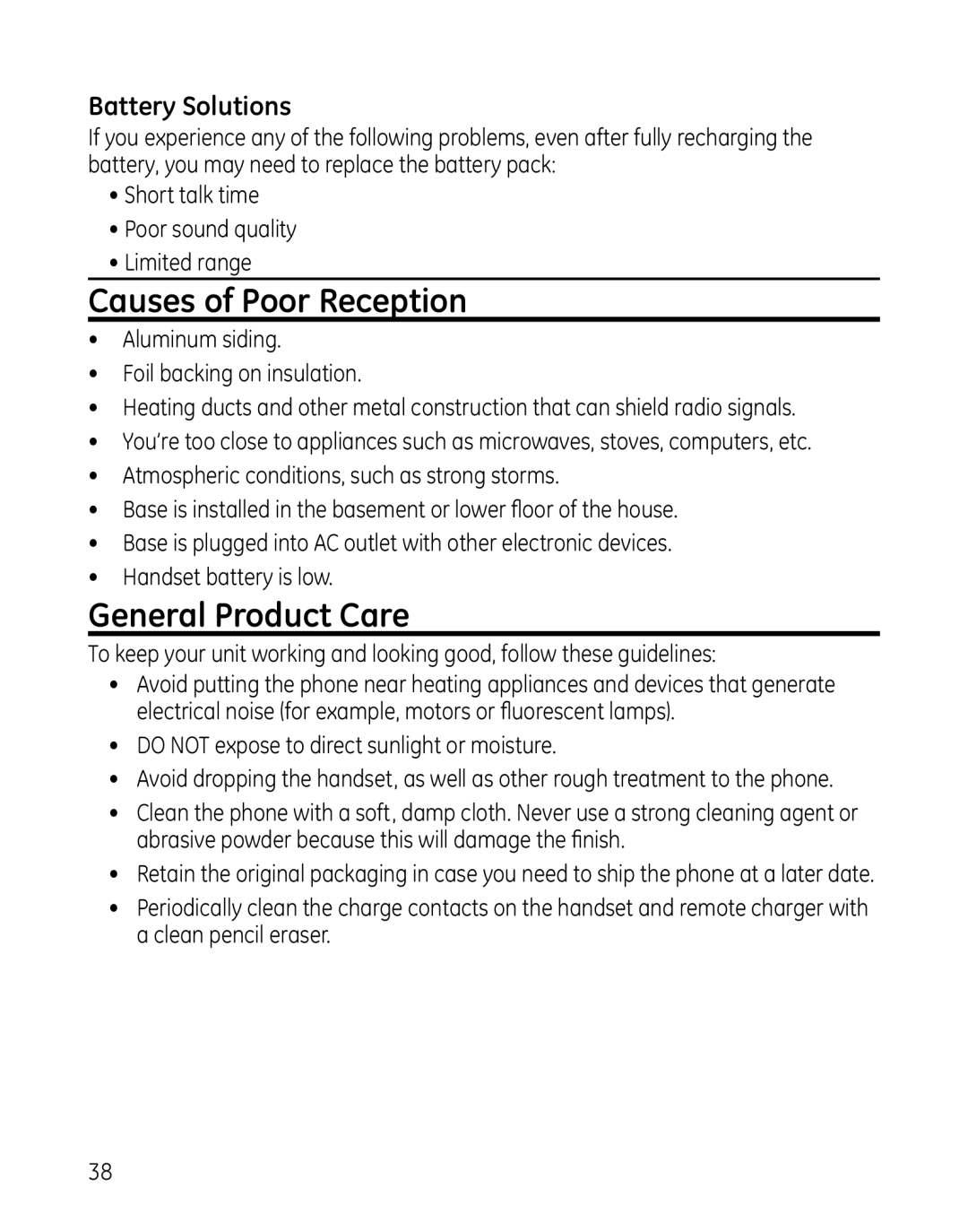 GE 28861xx2, 000479, 28861xx3 manual Causes of Poor Reception, General Product Care, Battery Solutions 