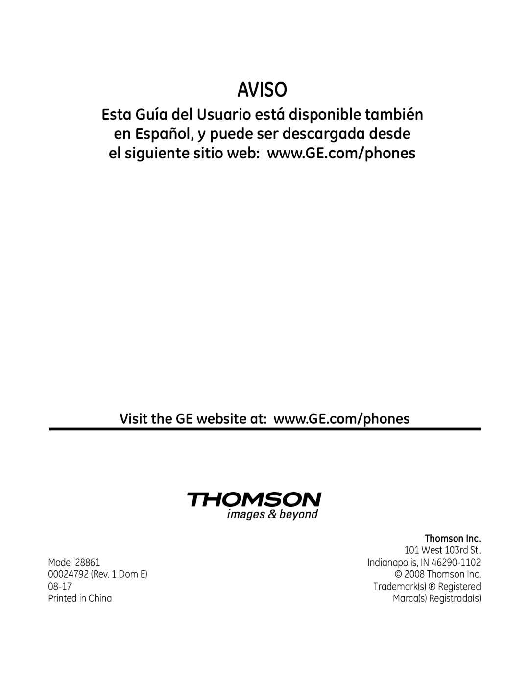 GE 000479, 28861xx3, 28861xx2 manual Aviso 