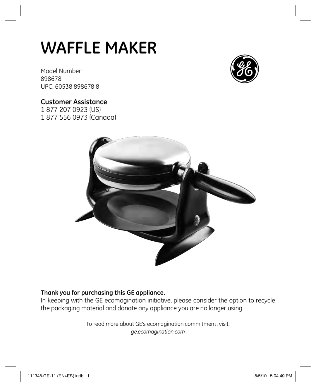 GE 898678 manual Waffle maker 