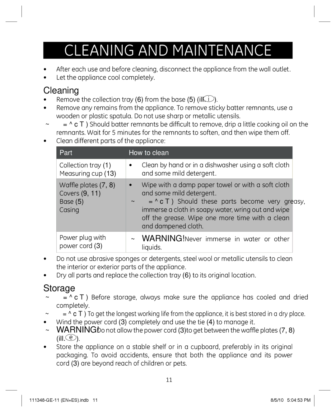 GE 898678 manual Cleaning and maintenance, Storage 