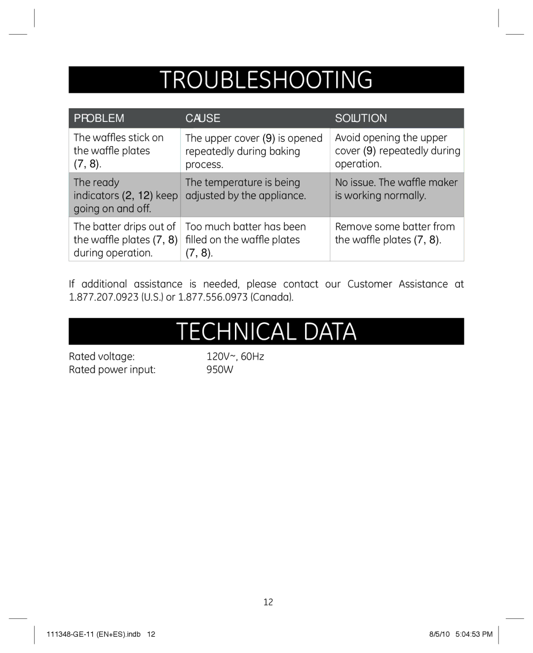 GE 898678 manual TroubleshOoting, Technical data 