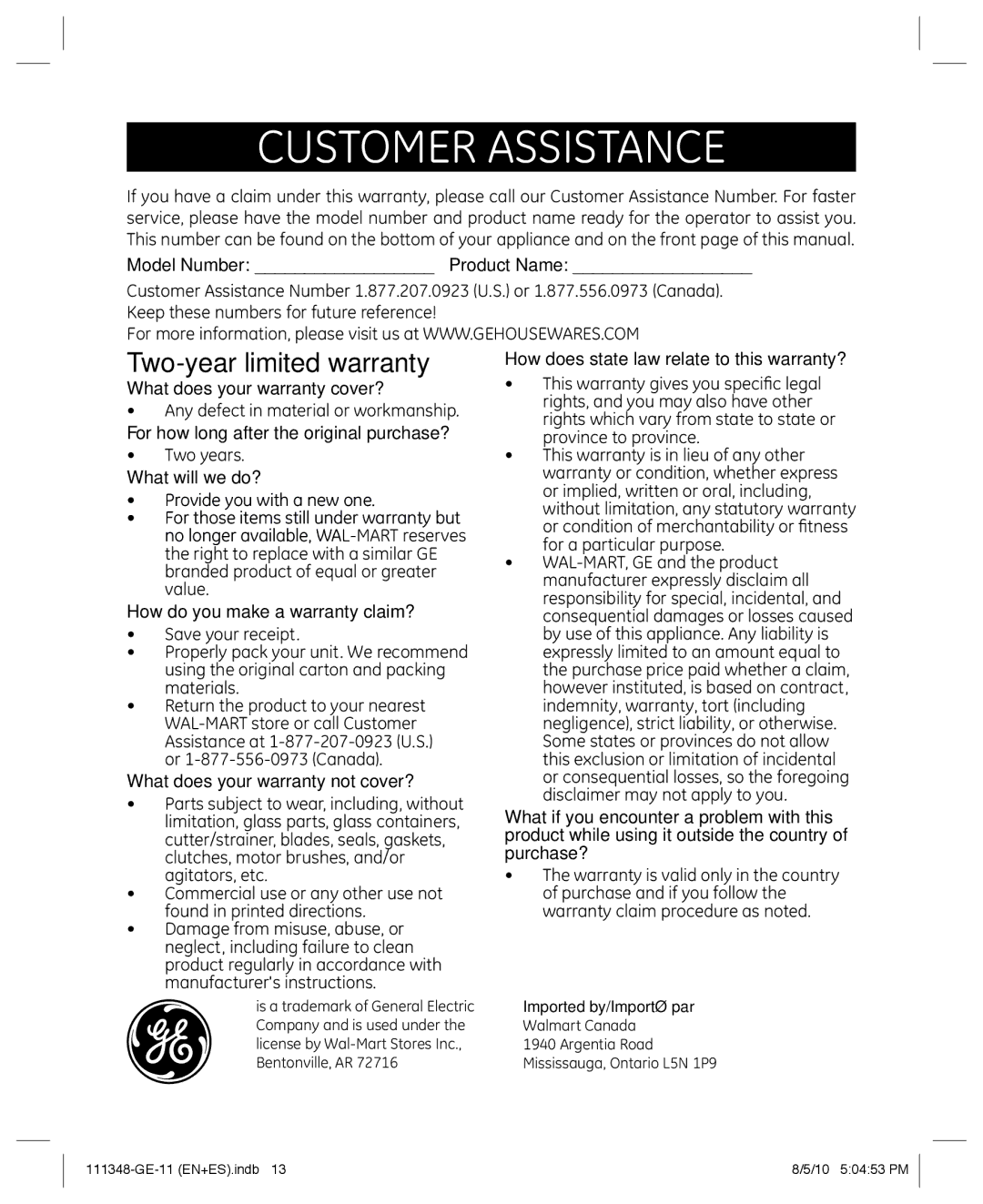 GE 898678 manual Customer Assistance, Two-year limited warranty 