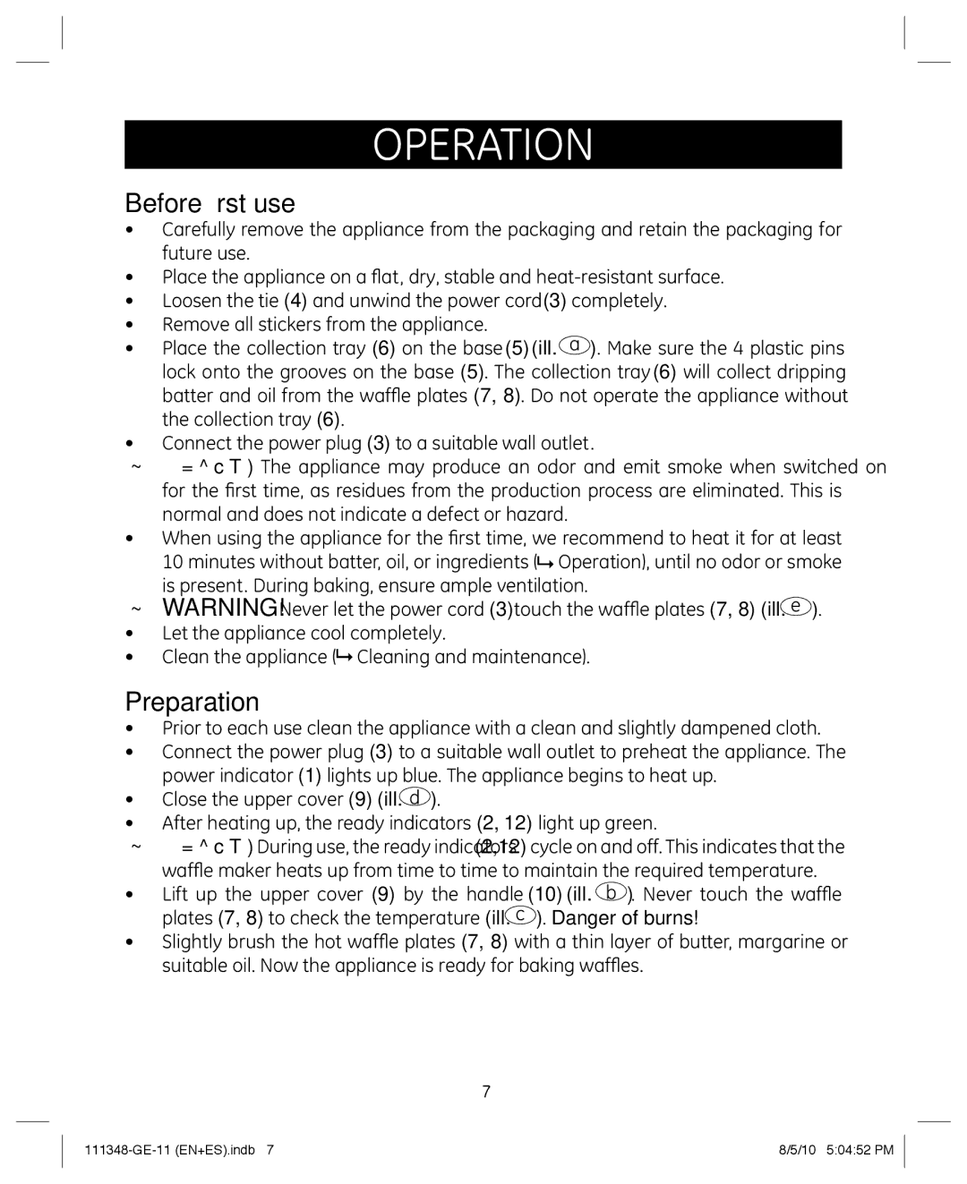 GE 898678 manual Operation, Before first use, Preparation 