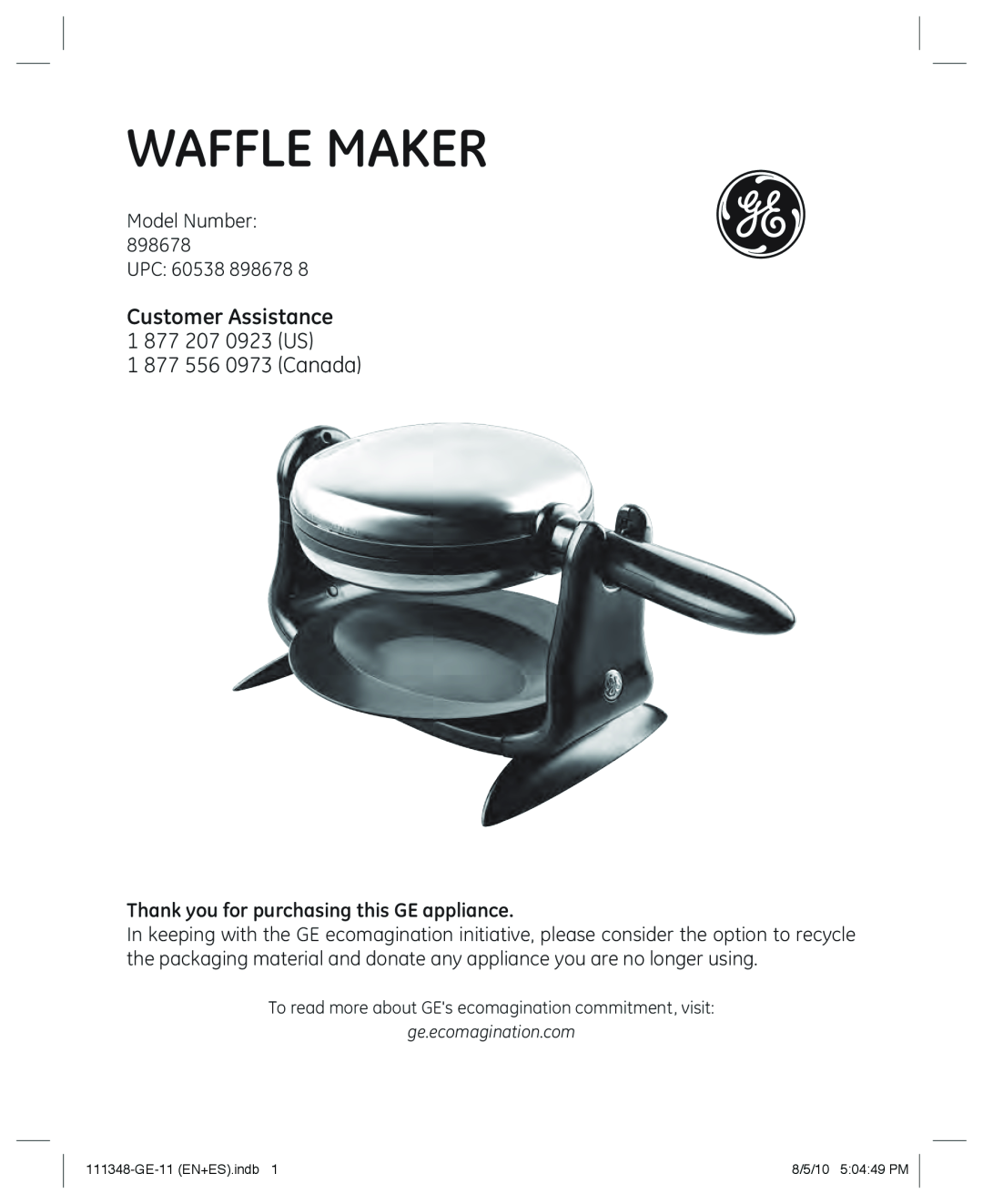 GE 898678 manual Customer Assistance 1 877 207 0923 US, Thank you for purchasing this GE appliance, Waffle maker 