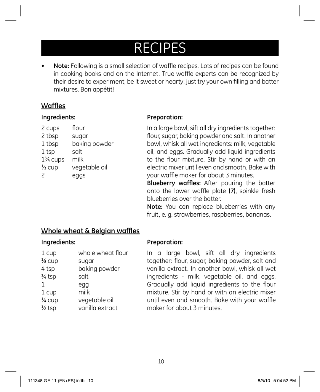 GE 898678 manual Recipes, Ingredients, Preparation, Waffles, Whole wheat & Belgian waffles 