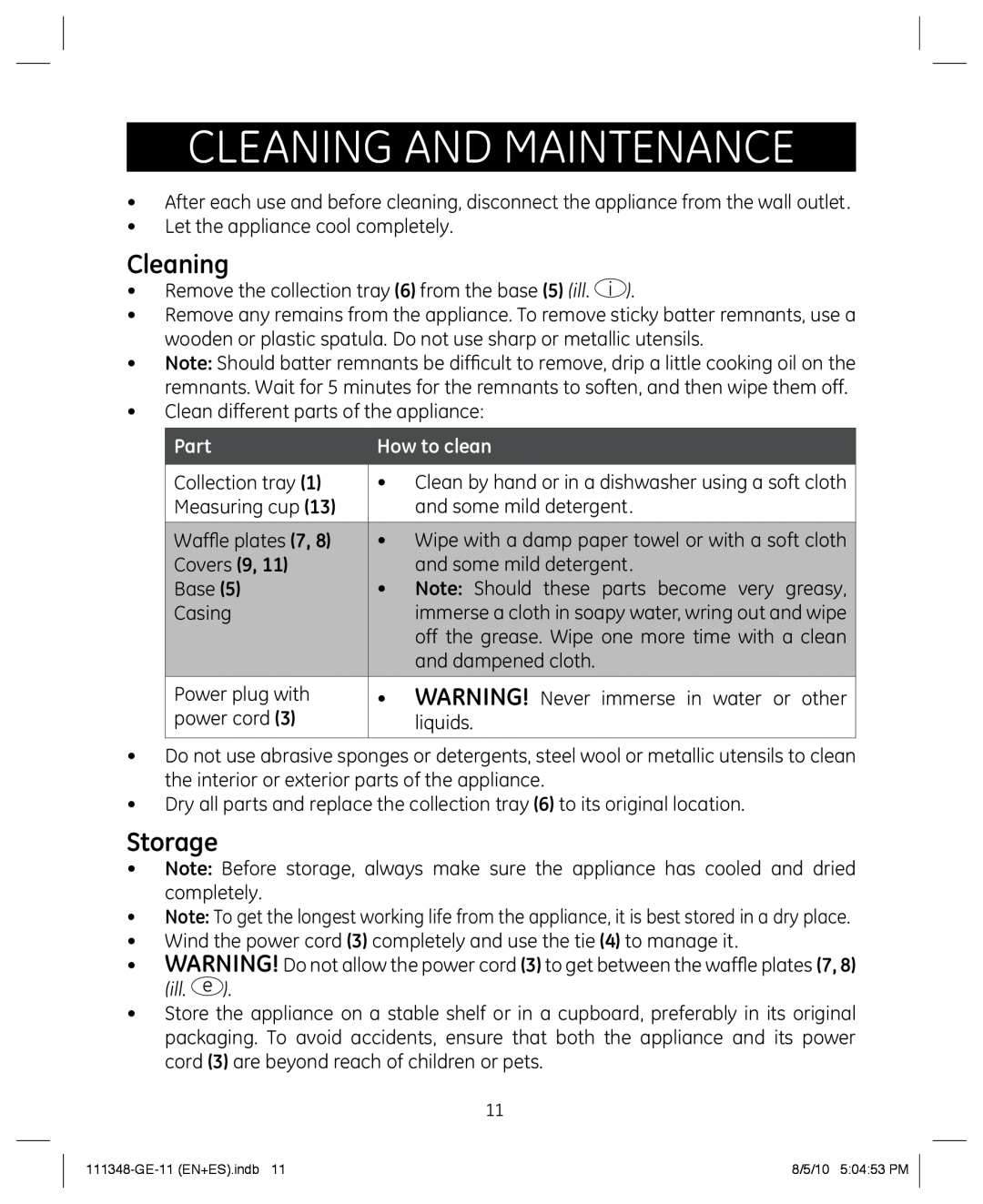 GE 898678 manual Cleaning and maintenance, Storage, Part, How to clean 