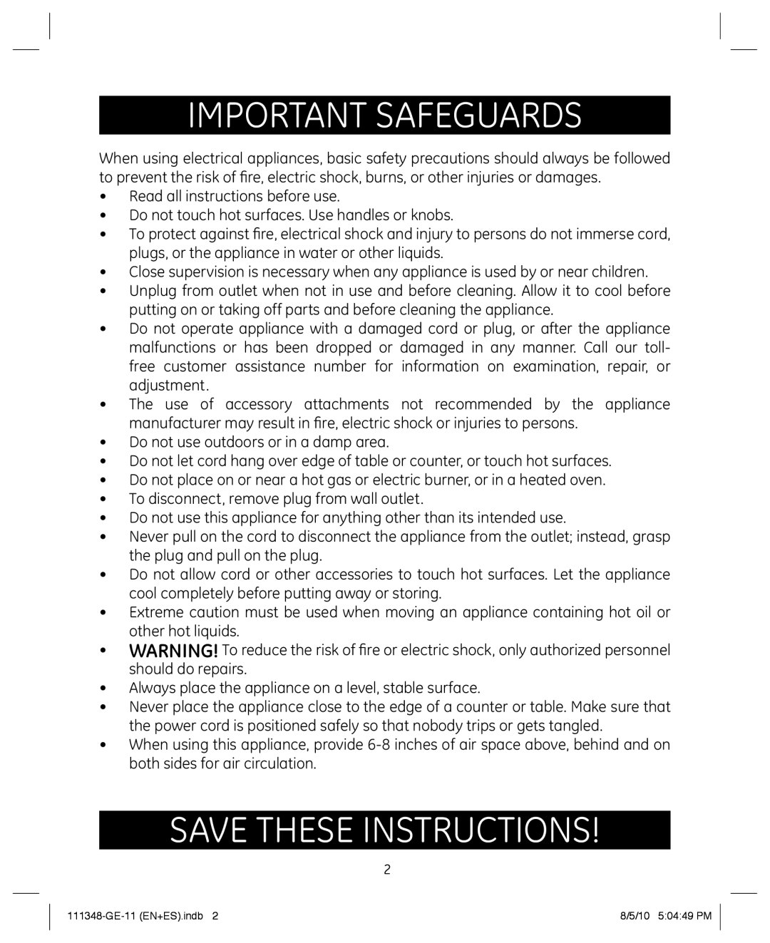 GE 898678 manual Important Safeguards, Save these instructions 
