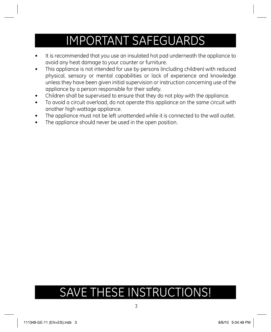 GE 898678 manual Important Safeguards, Save these instructions 