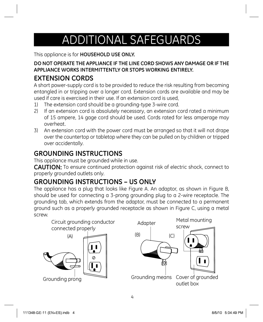 GE 898678 manual Additional Safeguards, Extension Cords, Grounding Instructions - Us Only 