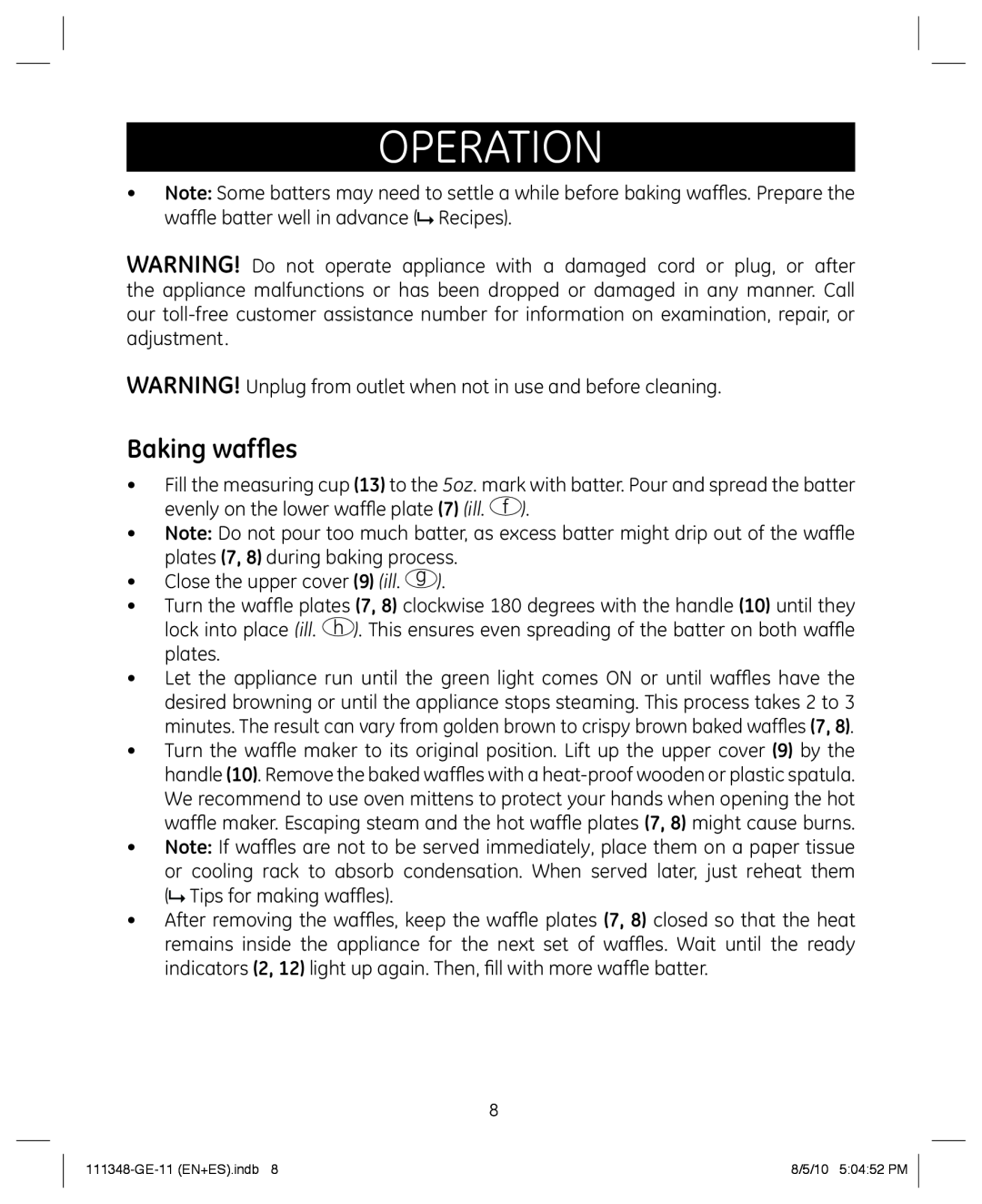 GE 898678 manual Baking waffles, operation 