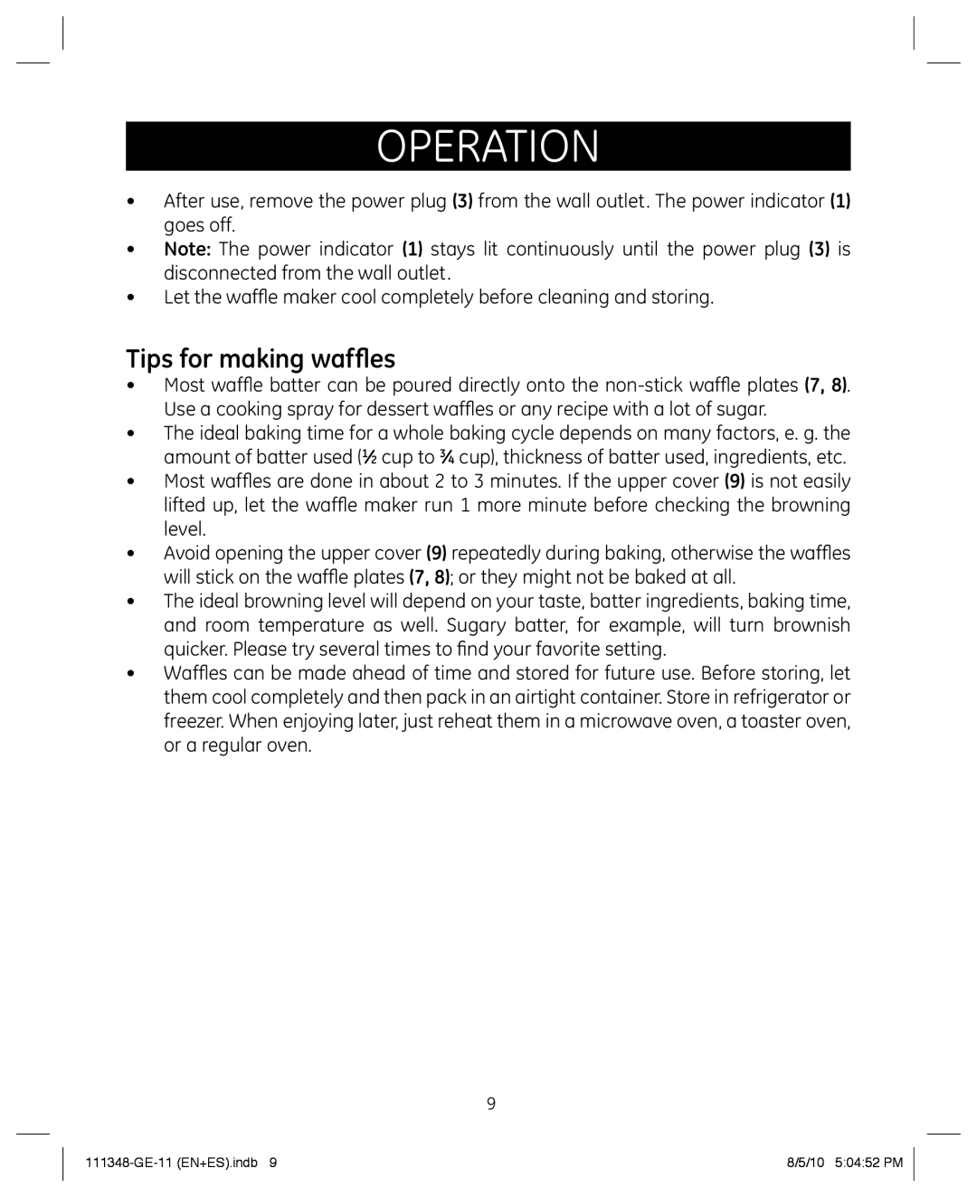 GE 898678 manual Tips for making waffles, operation 