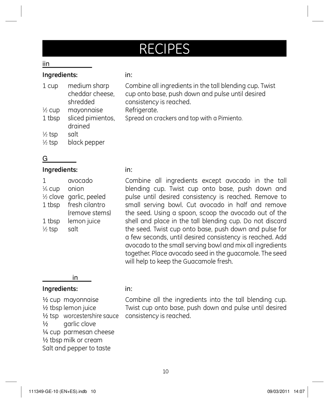 GE 898679 manual Pimiento Cheese Ingredients Preparation, Guacamole Ingredients, Caesar Dressing Ingredients 