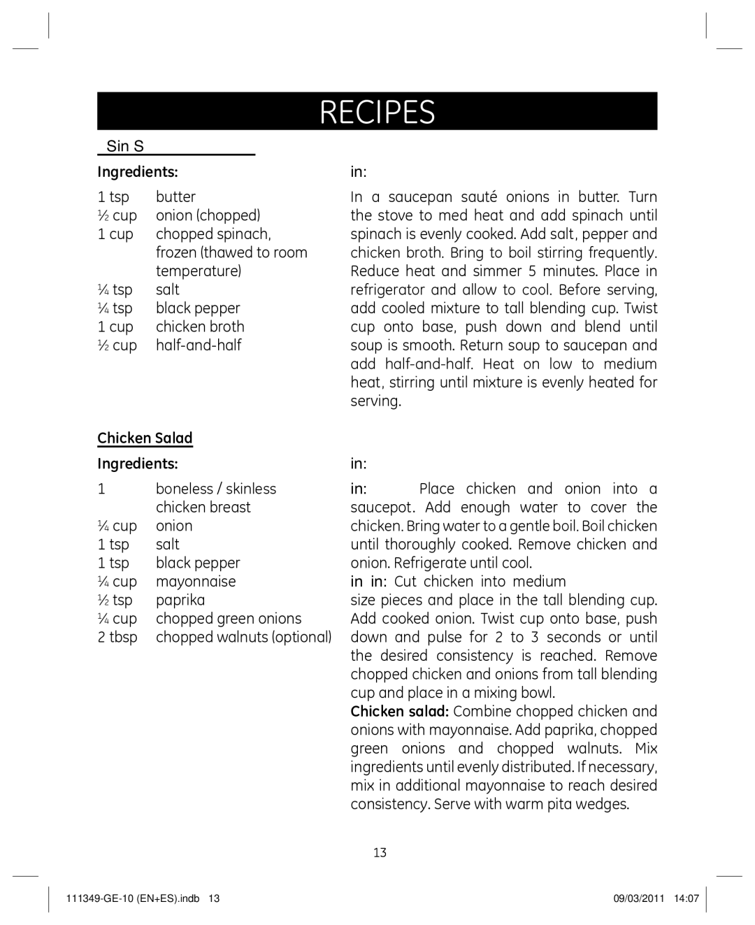 GE 898679 manual Cream of Spinach Soup Ingredients Preparation, Chicken Salad Ingredients Preparation 