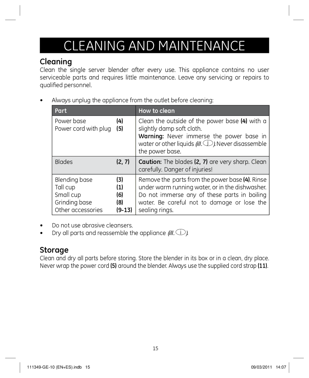 GE 898679 manual Cleaning and maintenance, Storage, Part How to clean 