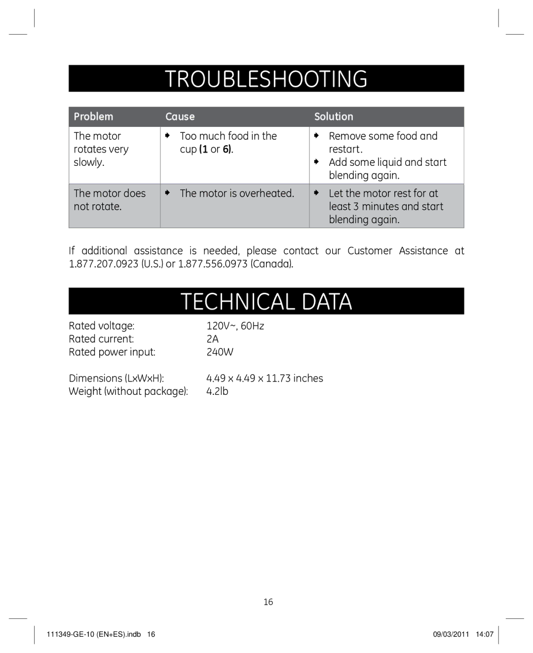 GE 898679 manual TroubleshOoting, Technical data, Problem Cause Solution 