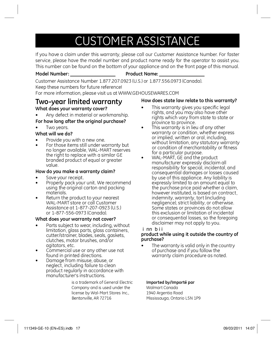 GE 898679 manual Customer Assistance, Two-year limited warranty 