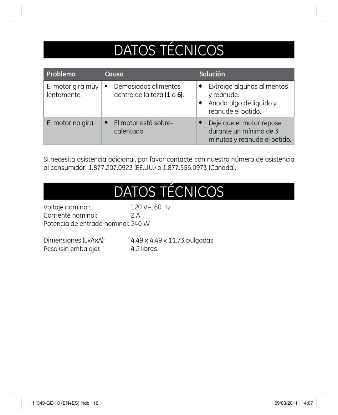 GE 898679 manual Datos Técnicos, Problema Causa Solución 