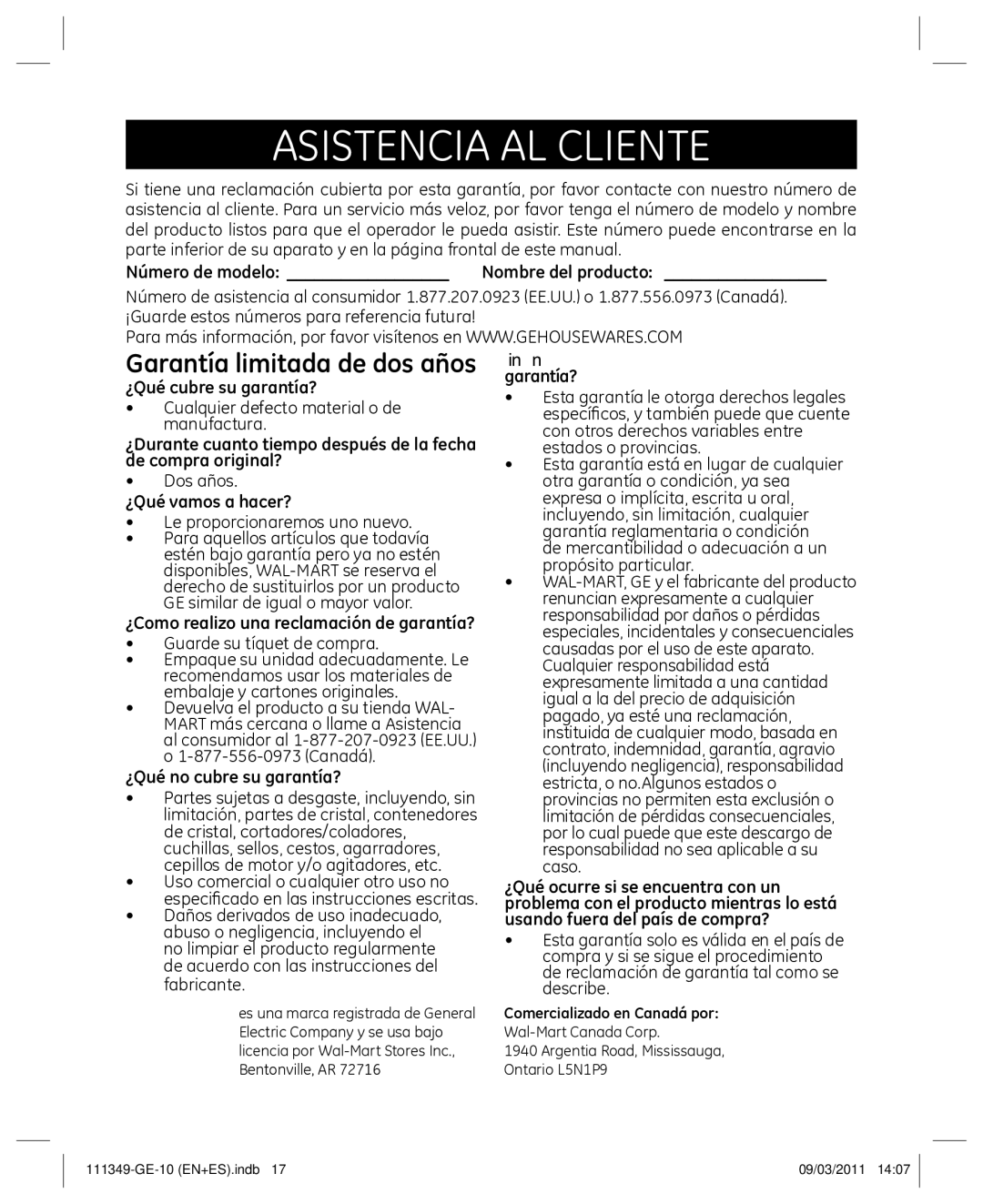 GE 898679 manual Asistencia AL Cliente, Garantía limitada de dos años 