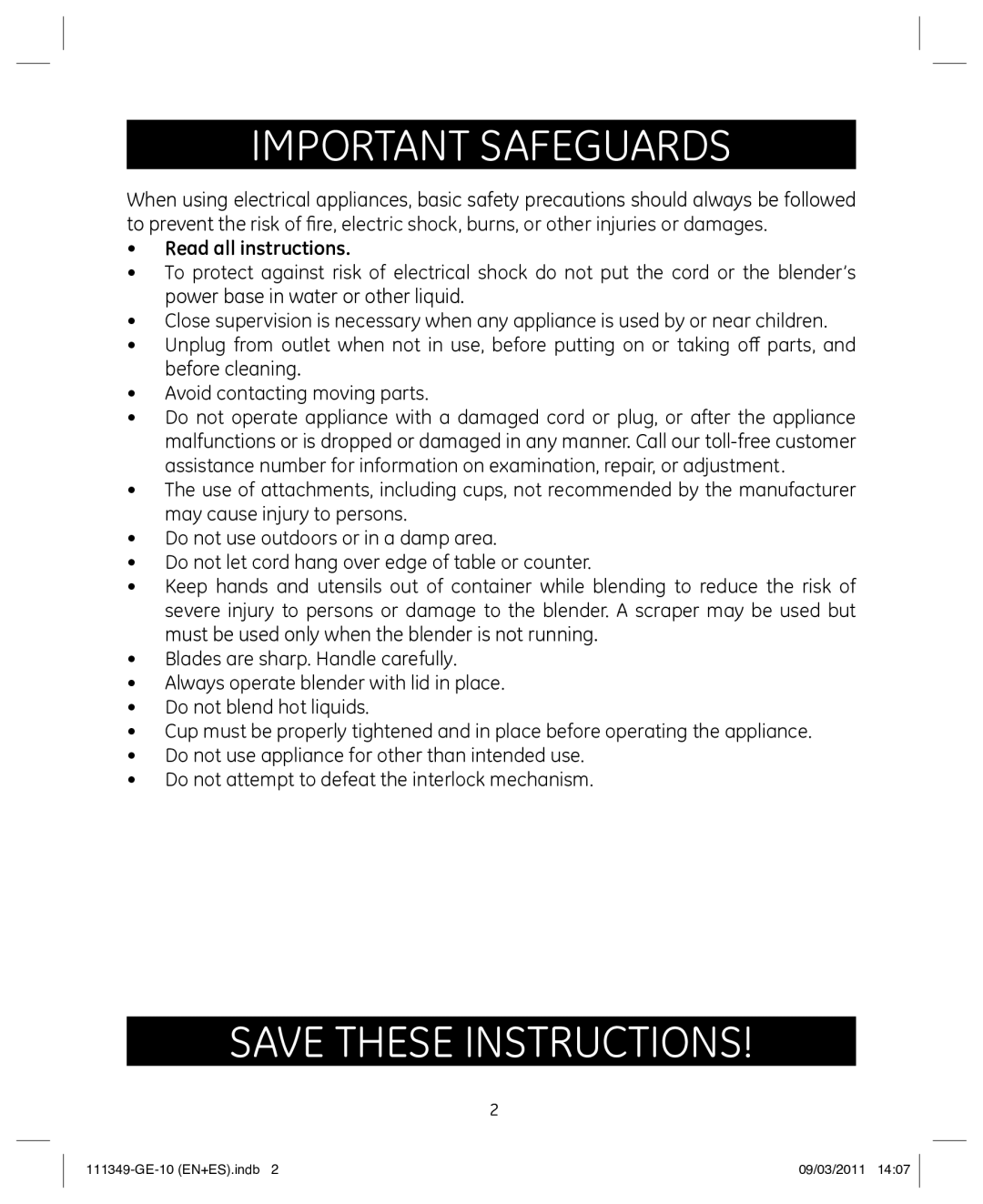 GE 898679 manual Important Safeguards, Read all instructions 