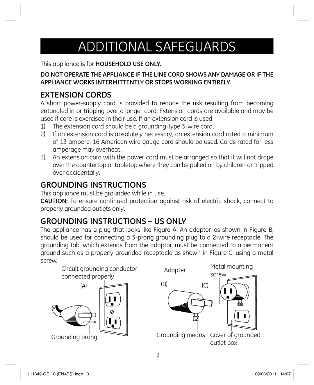 GE 898679 manual Additional SafeguARDS, Extension CORdS, GROUNding Instructions US ONlY 