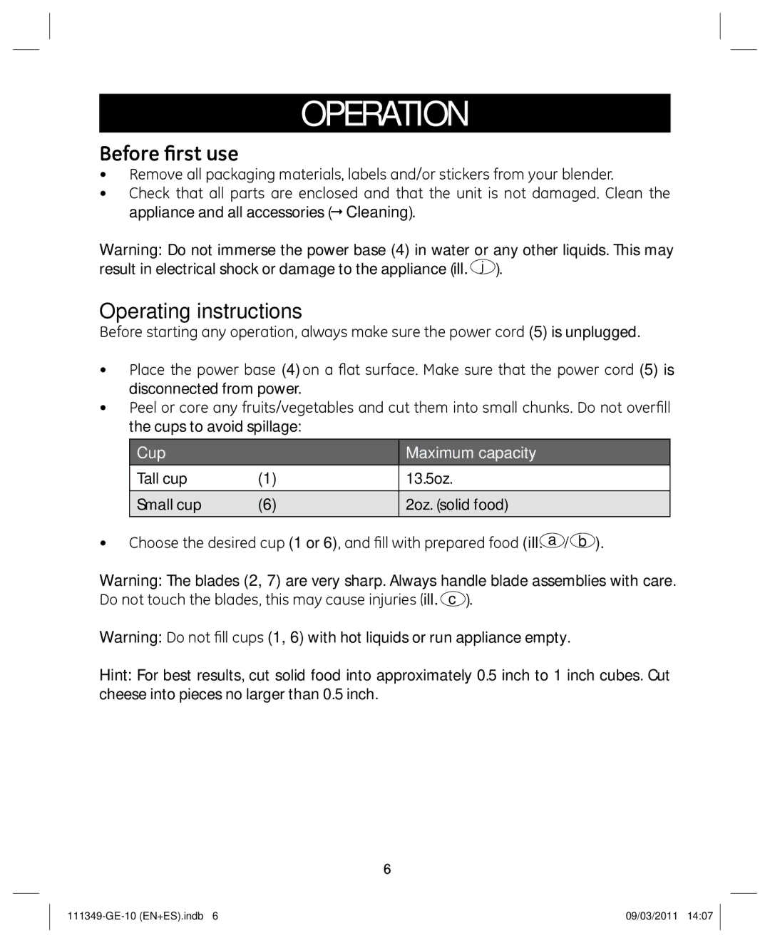 GE 898679 manual Operation, Before first use, Operating instructions, Cup Maximum capacity 