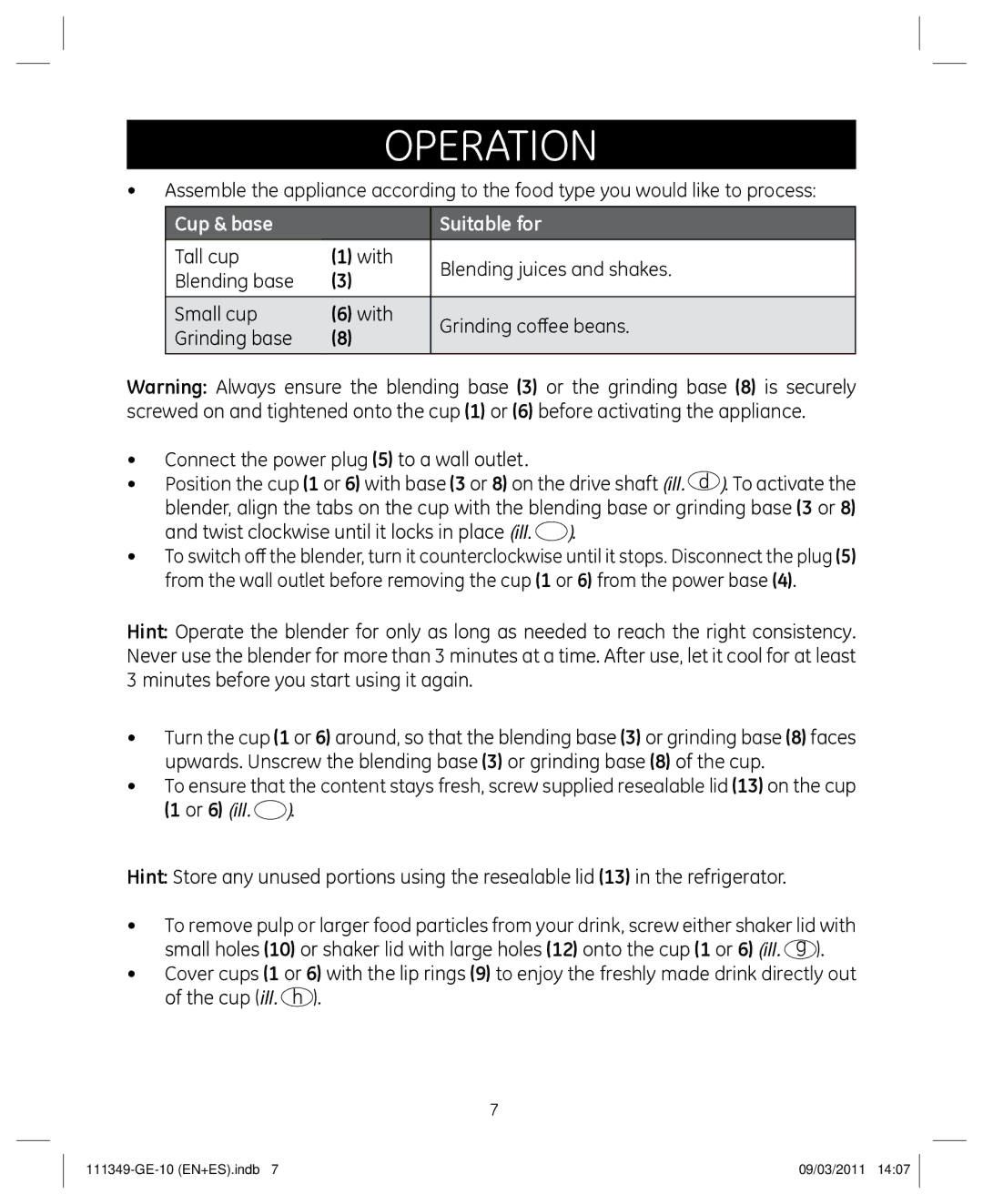 GE 898679 manual Cup & base Suitable for, With 